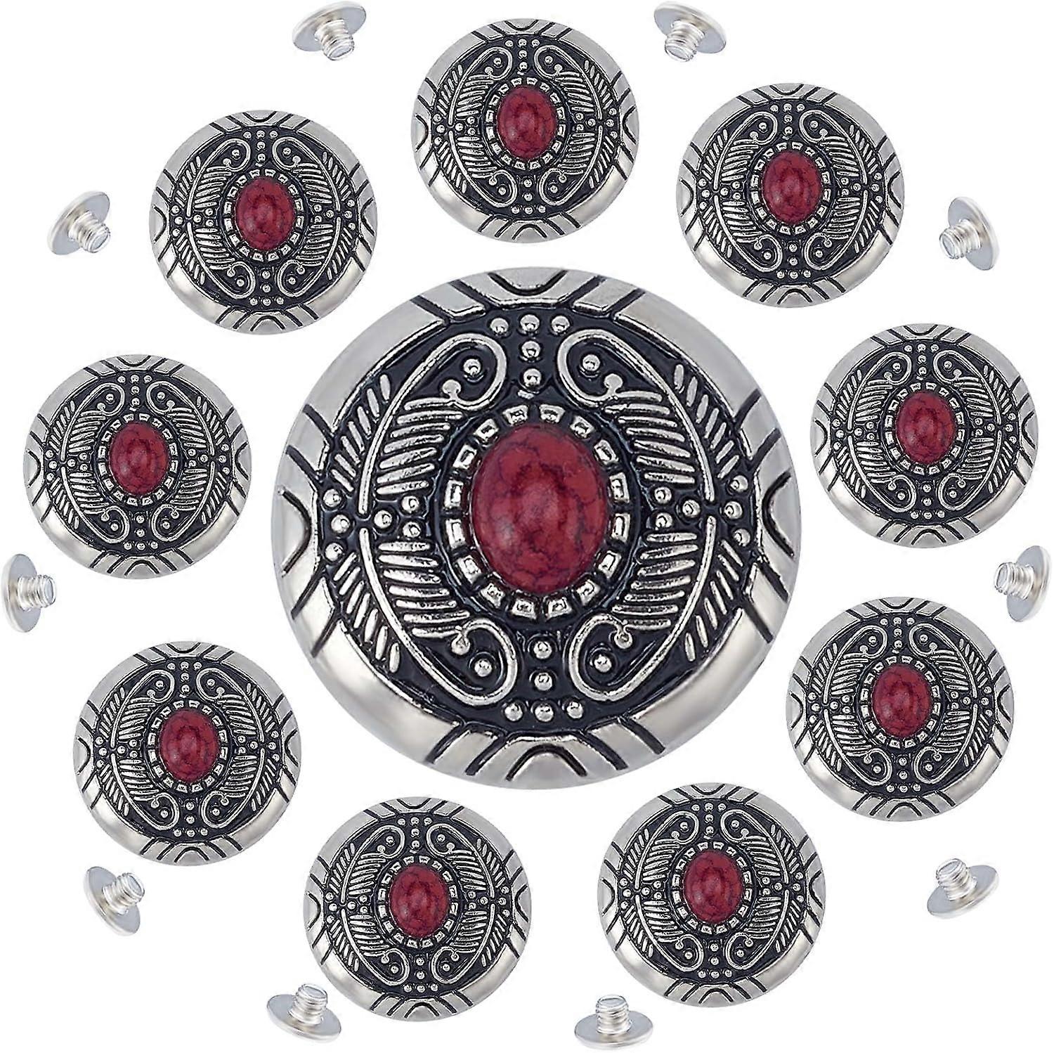 1 Box 10Pcs Red Turquoise Metal Buckle 30mm Synthetic Turquoise Screw Back Buttons Concho Cat Eye Buttons Replacement Vintage Alloy Buckle for DIY Lea
