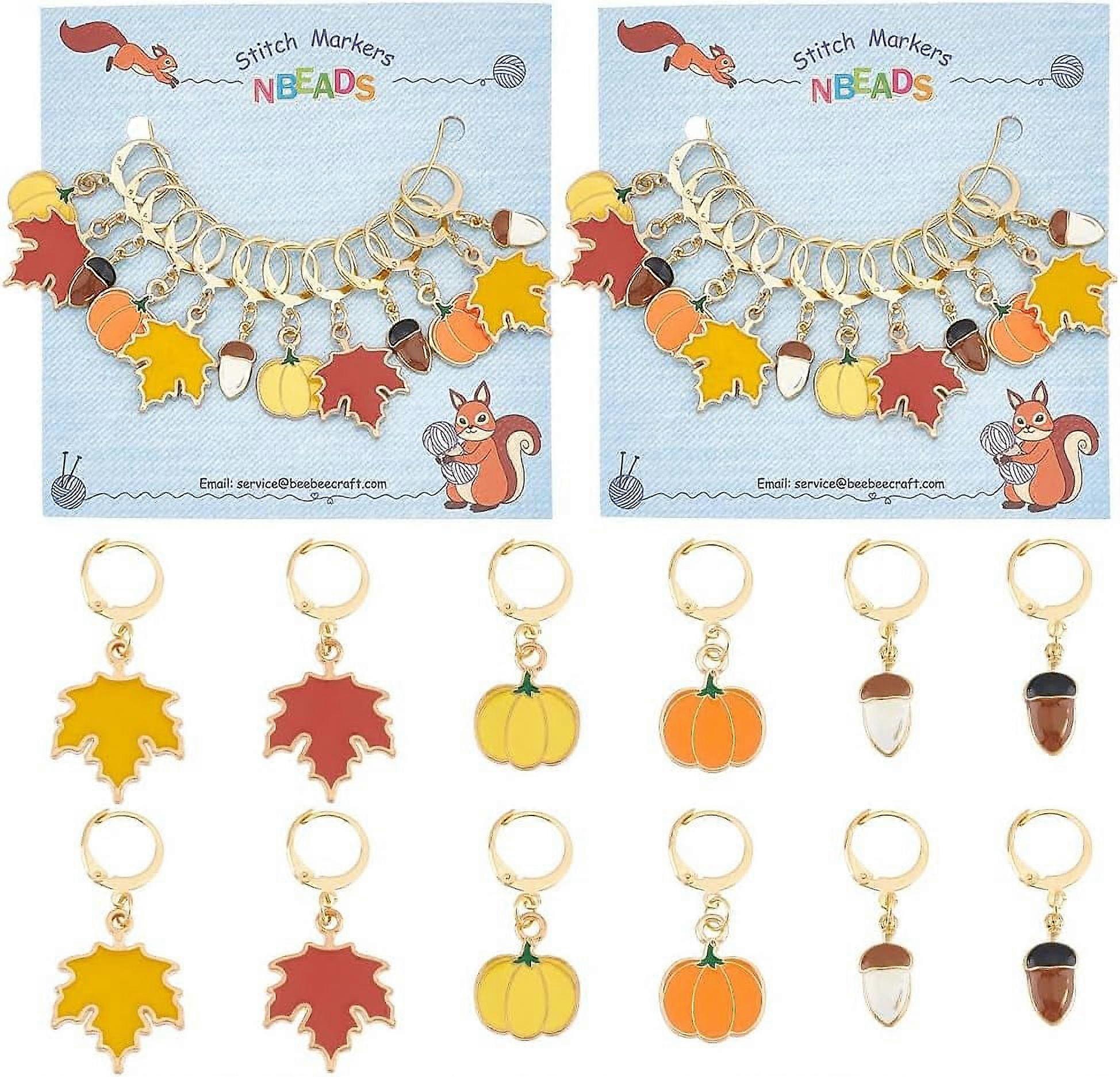 24 Pcs Autumn Theme Stitch Markers, Maple Leaf/Pumpkin/Acorn Enamel Crochet Stitch Marker Charms Removable Clasps Locking Stitch Marker for Knitting W