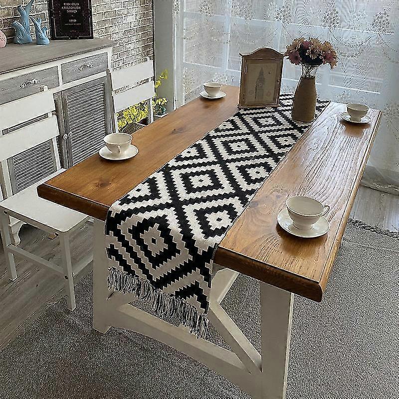Linen Table Runner, Geometric Pattern Table Runner With Tassels