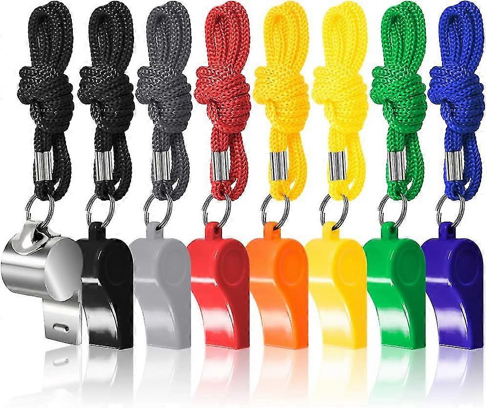 8 Packs Coaches Referee Whistles With Lanyards, Colorful Plastic And Stainless Steel Football Whistles For Sports Lifeguards