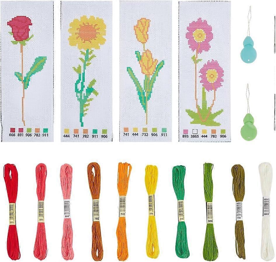 4 Sets 4 Styles Cross Stitch Bookmark Kits Flower Pattern Cross Stitch Kits DIY Stamped Embroidery Bookmarks with Needle-Threading Device Thread and N