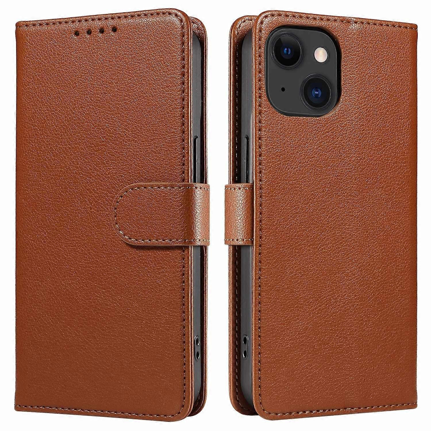 For iPhone 14 Leather Case Litchi Texture RFID Blocking Wallet Stand Phone Cover - Brown