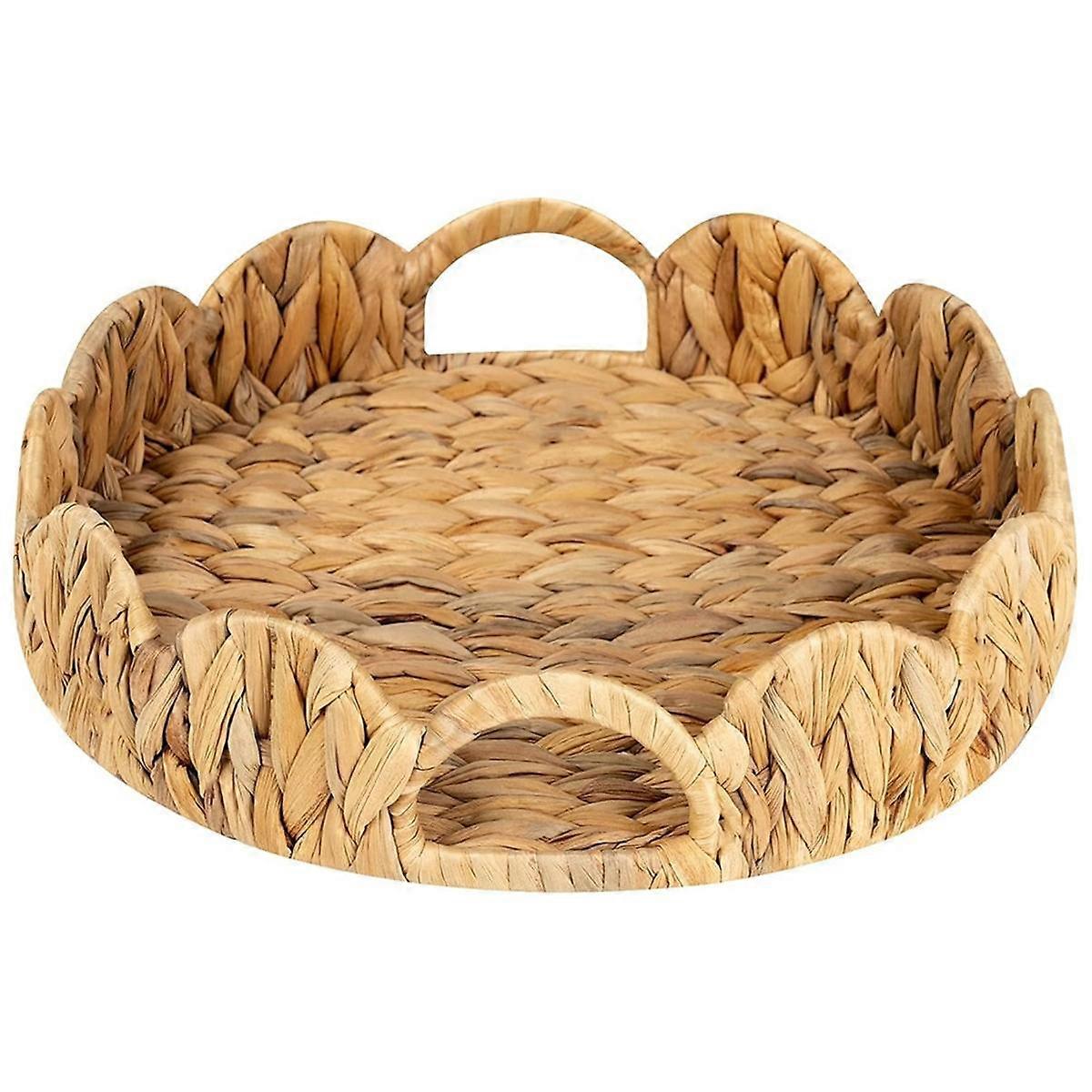 Scalloped Edge Round Tray, Round Serving Tray with Built-in Handles, Decoratve Tray for Coffee Tabl