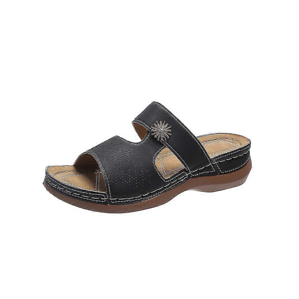 Womens Pu Wedge Sandals Sliders Open Toe Hollow Slippers Shoes