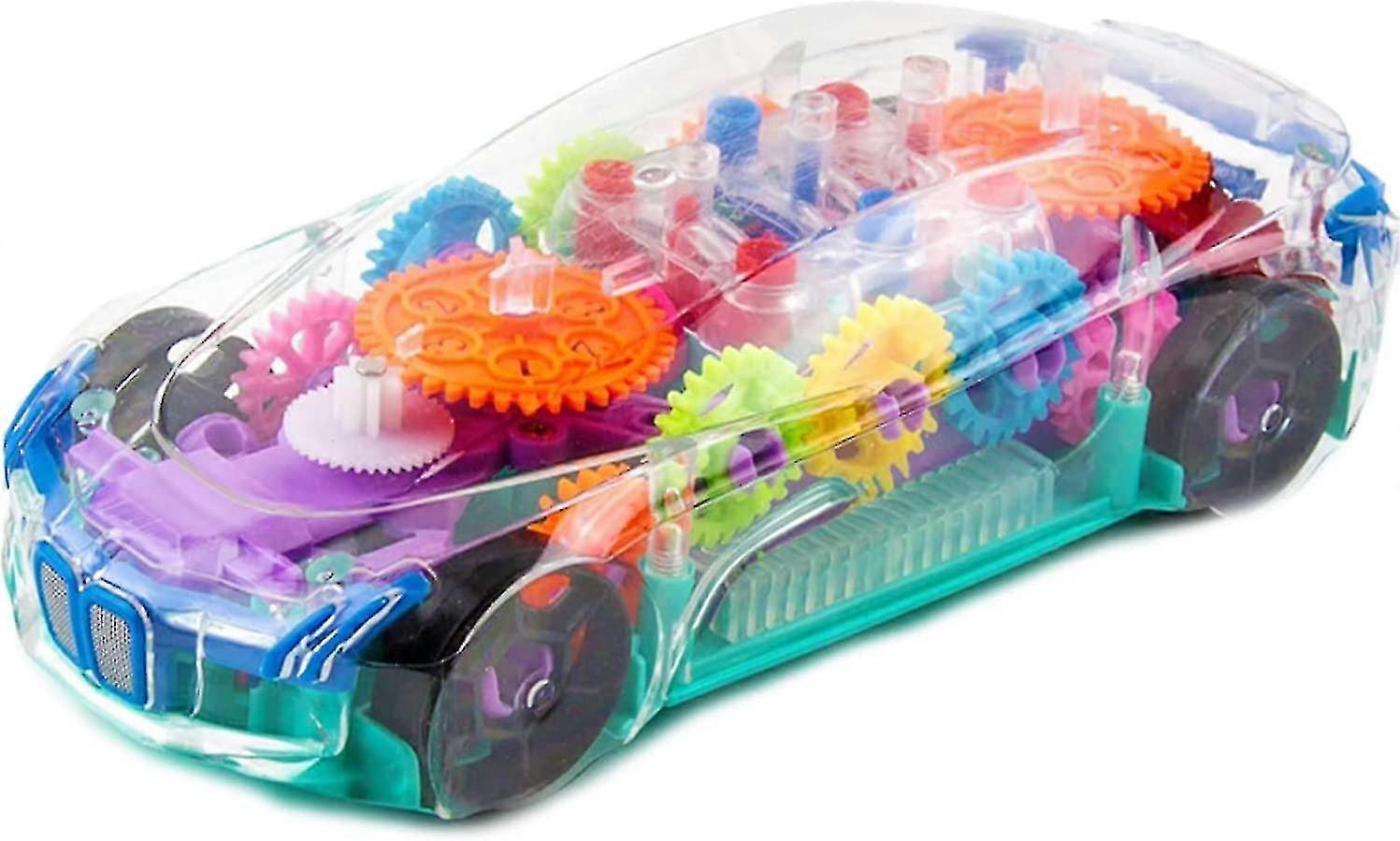 幼児のための透明なおもちゃの車は電気自動車、目に見える着色されたギヤ、導かれたライト、音楽、-xinが付いている機械電池式のレース カーのおもちゃを通して見る
