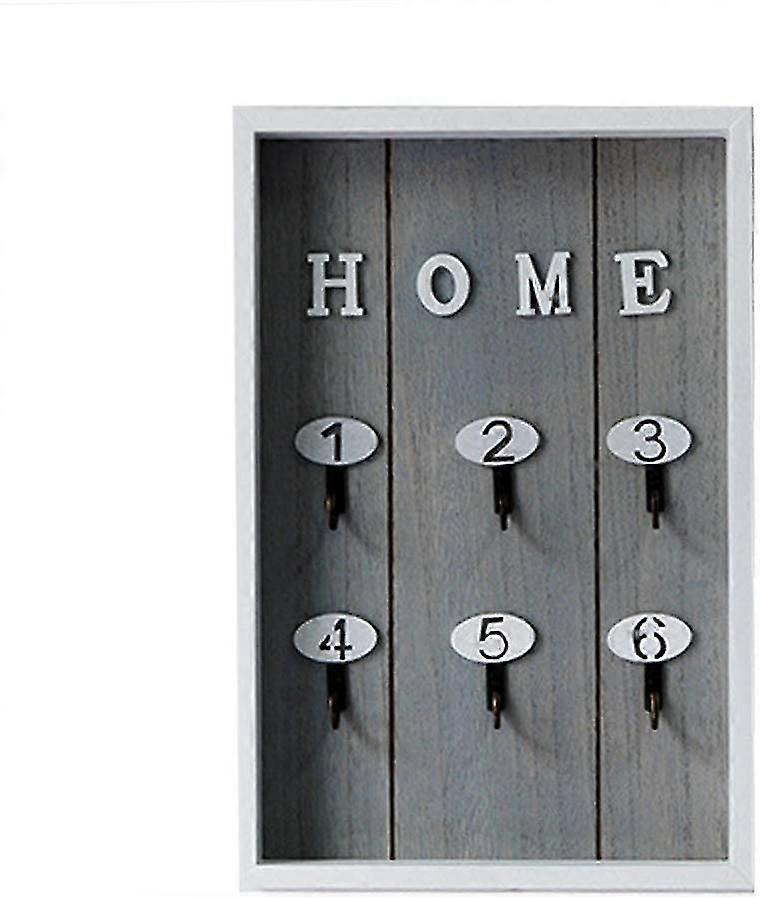 Wooden Wall Key Box With 6 Hanging Key Hooks Gray