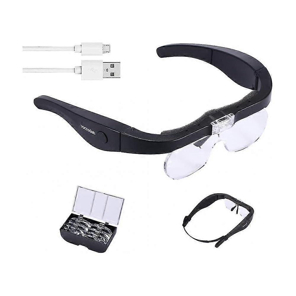 Mike Rechargeable Magnifying Glasses, Head Magnifier Glasses With 2 Led Lights And Detachable Lenses 5x, Best Eyeglasses Magnifier For Reading And Hob