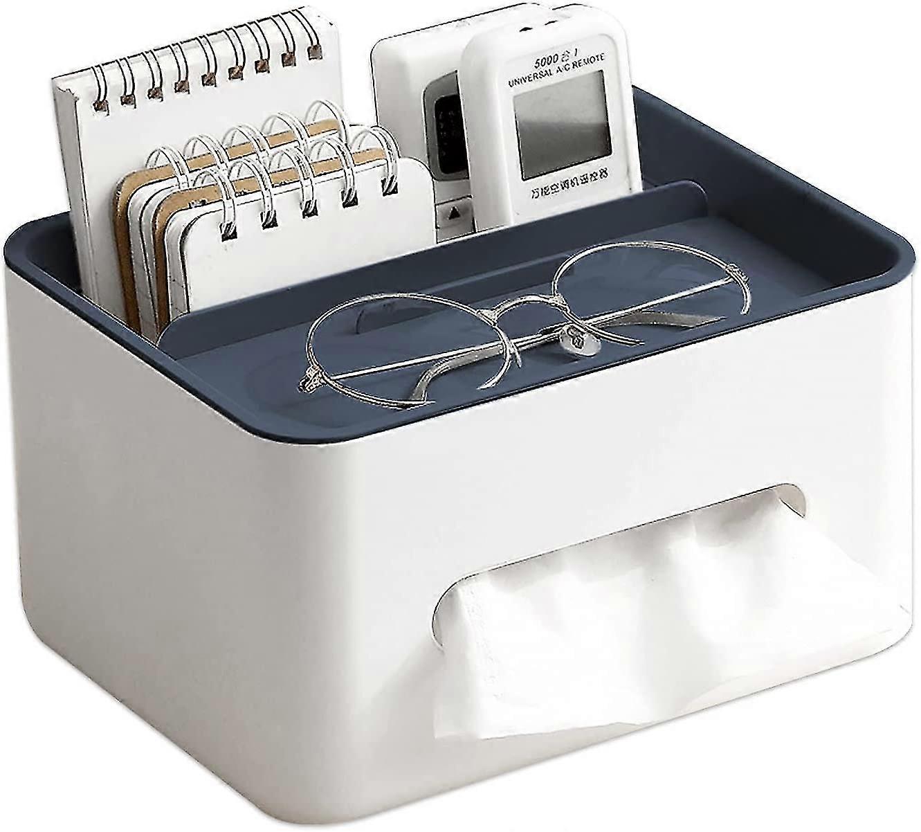 Rectangular Tissue Box Cover Holder With Storage Napkin Blue