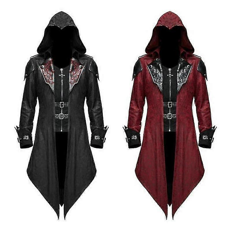 Devil Fashion Men's Steampunk Gothic Hooded Leather Jacket Cappotto Christmas Cosplay Stage Performance Costume ROSSO XL