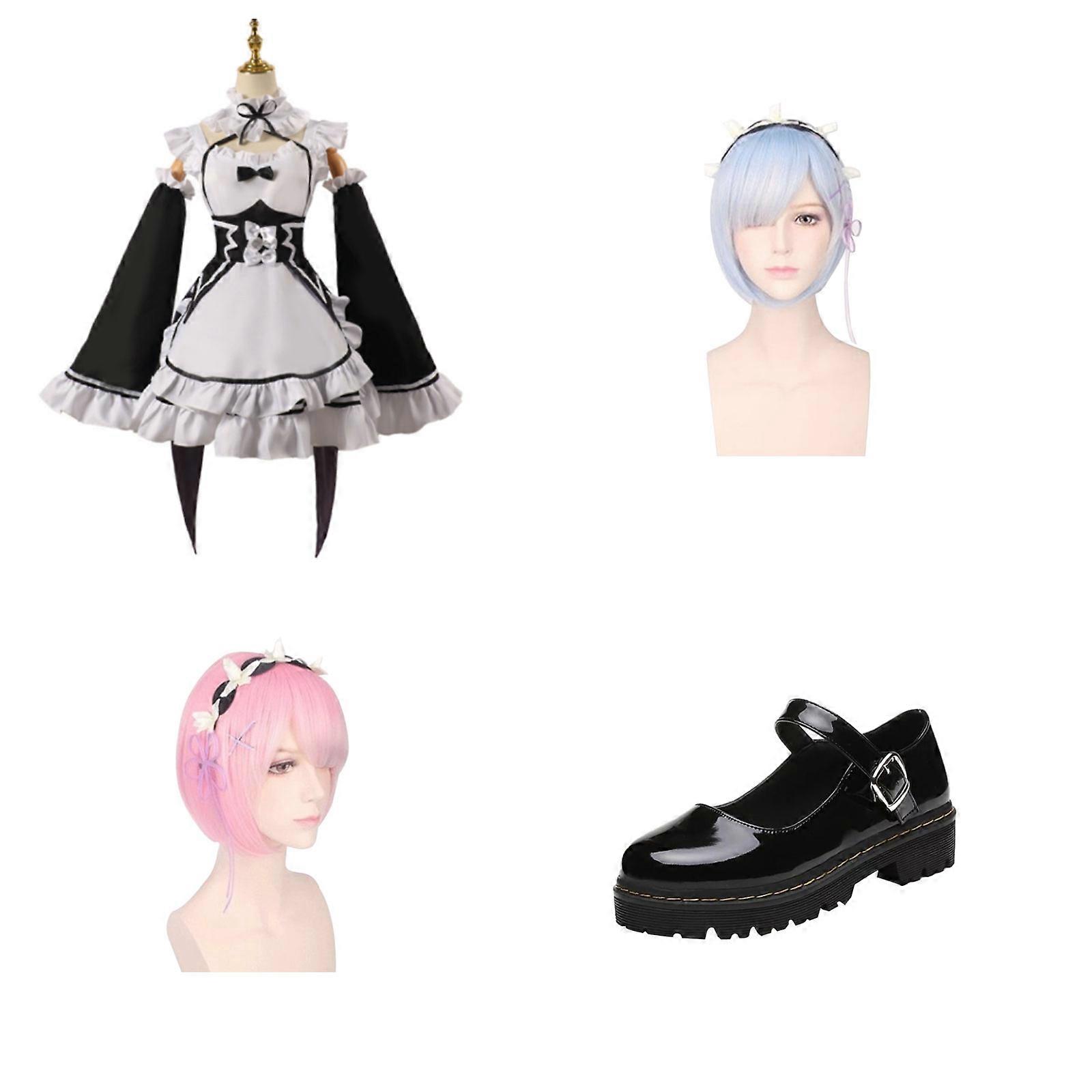 Re-zero Rem Ram Girls Maid Costume Lolita Dress Anime Cosplay Halloween Costume , Black,50% Offer