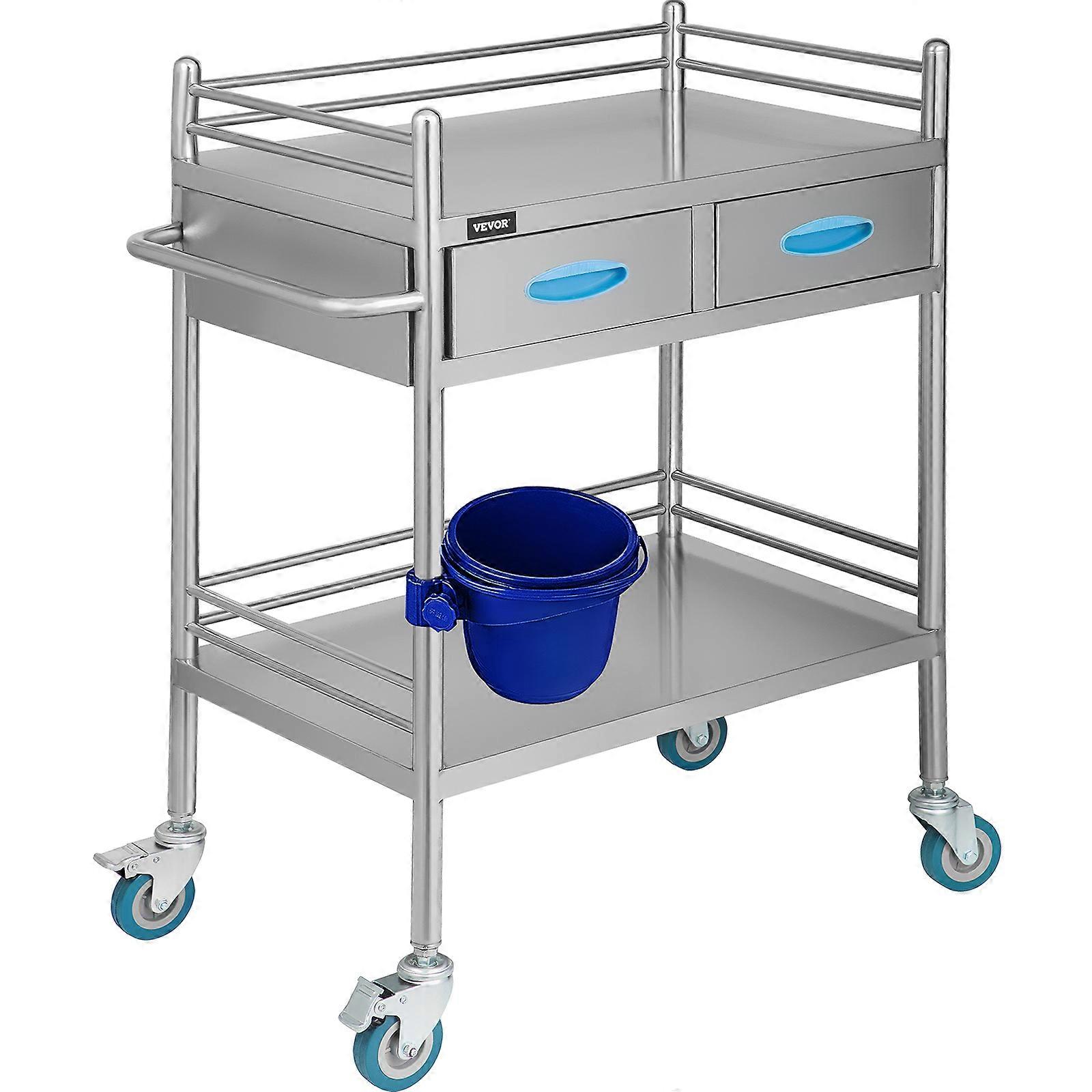2-Layer Medical Trolley Stainless Steel 2 Drawer Lab Rolling Cart 360