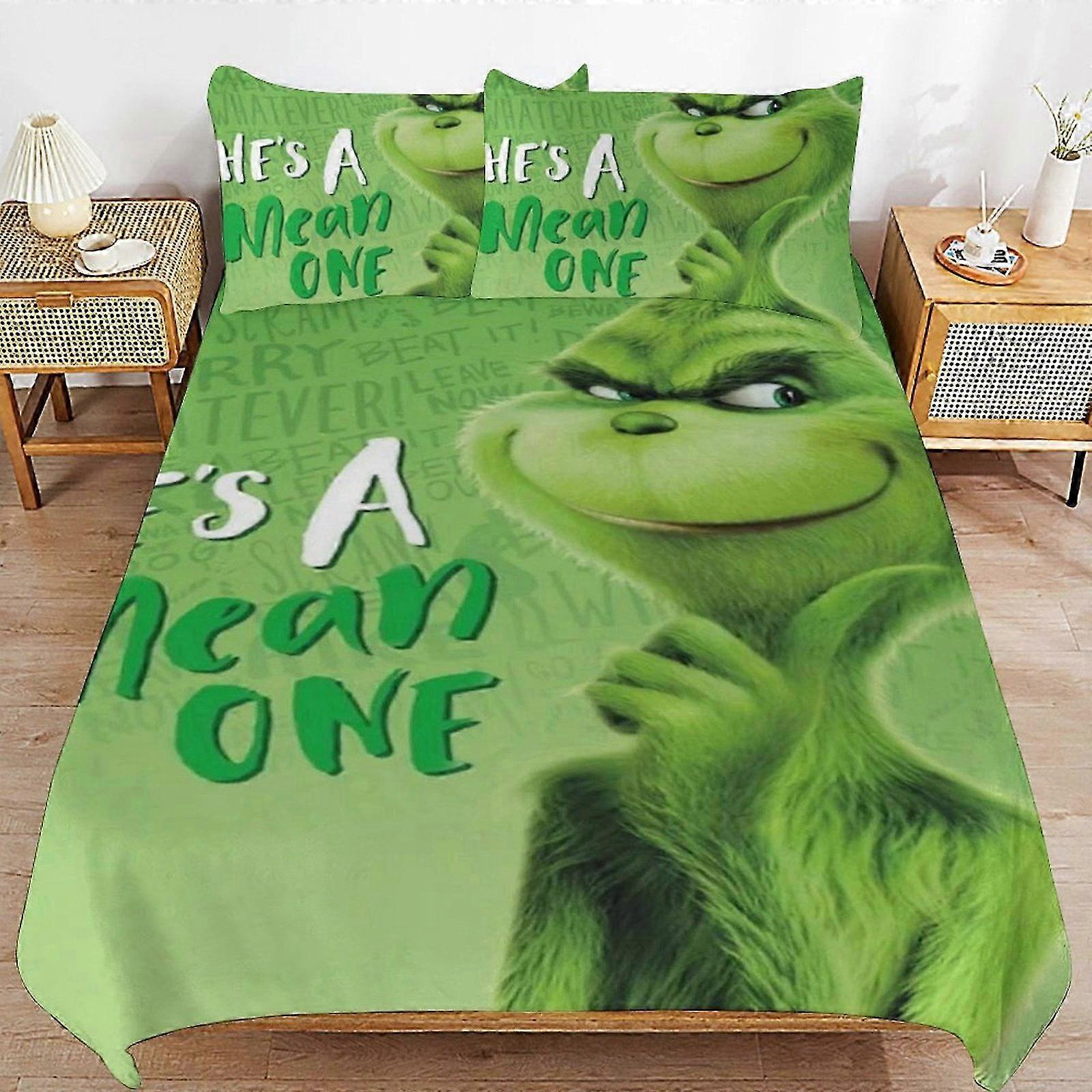 o252 ملاءات سرير مجموعة مفروشات جرينش غطاء لحاف مفروشات كرتونية مريحة وخفيفة الوزن 3 قطعة (حالة) (1 غطاء لحاف و 2 كيس وسادة) ملاءات سرير