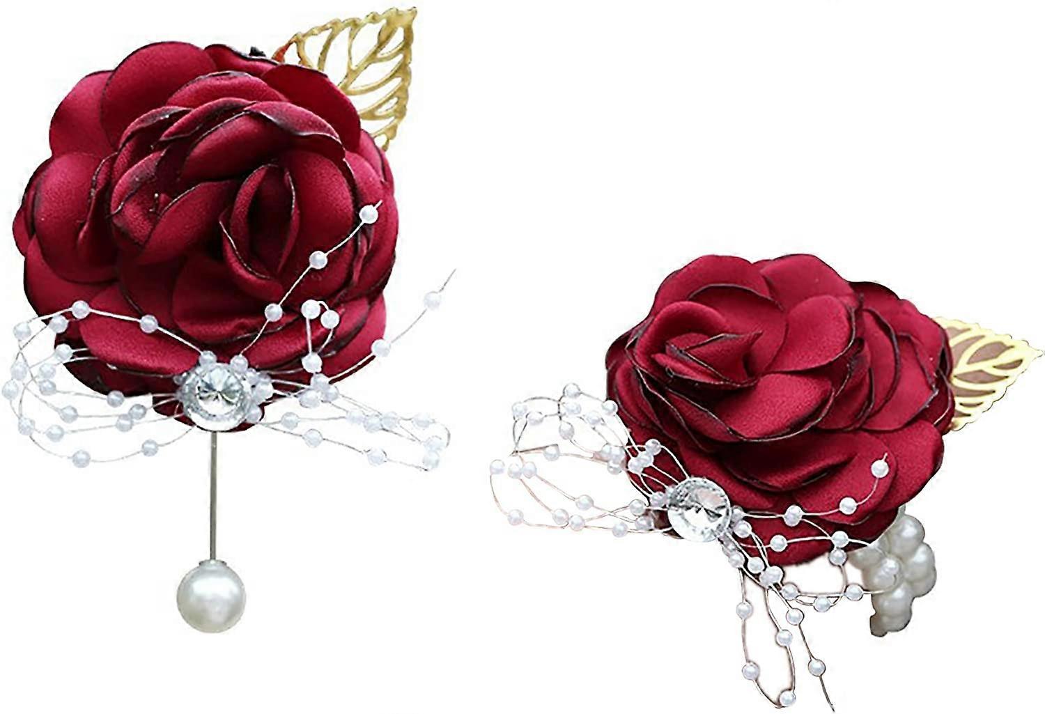 מארז 2 פרחים וקוראז'ים לפרק כף היד, סט פרחי ורד בורדו ופרחים לפרק כף היד, פרחי פרק כף היד לחתונה