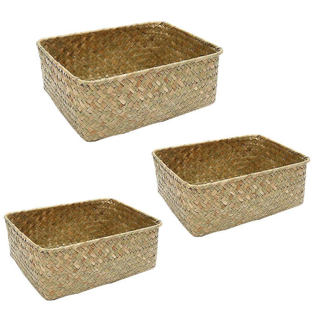 3pcs Tea Storage Basket Woven Clutter Container Sundries Storage Basket Khaki