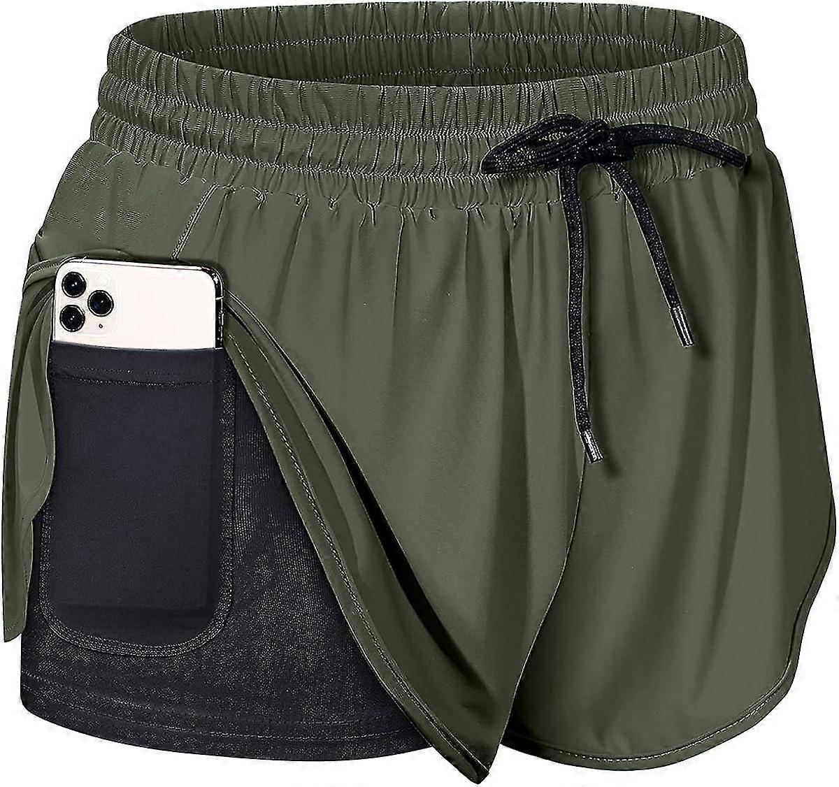 Womens Double Layer Drawstring Elastic Waist Athletic Shorts With Pockets