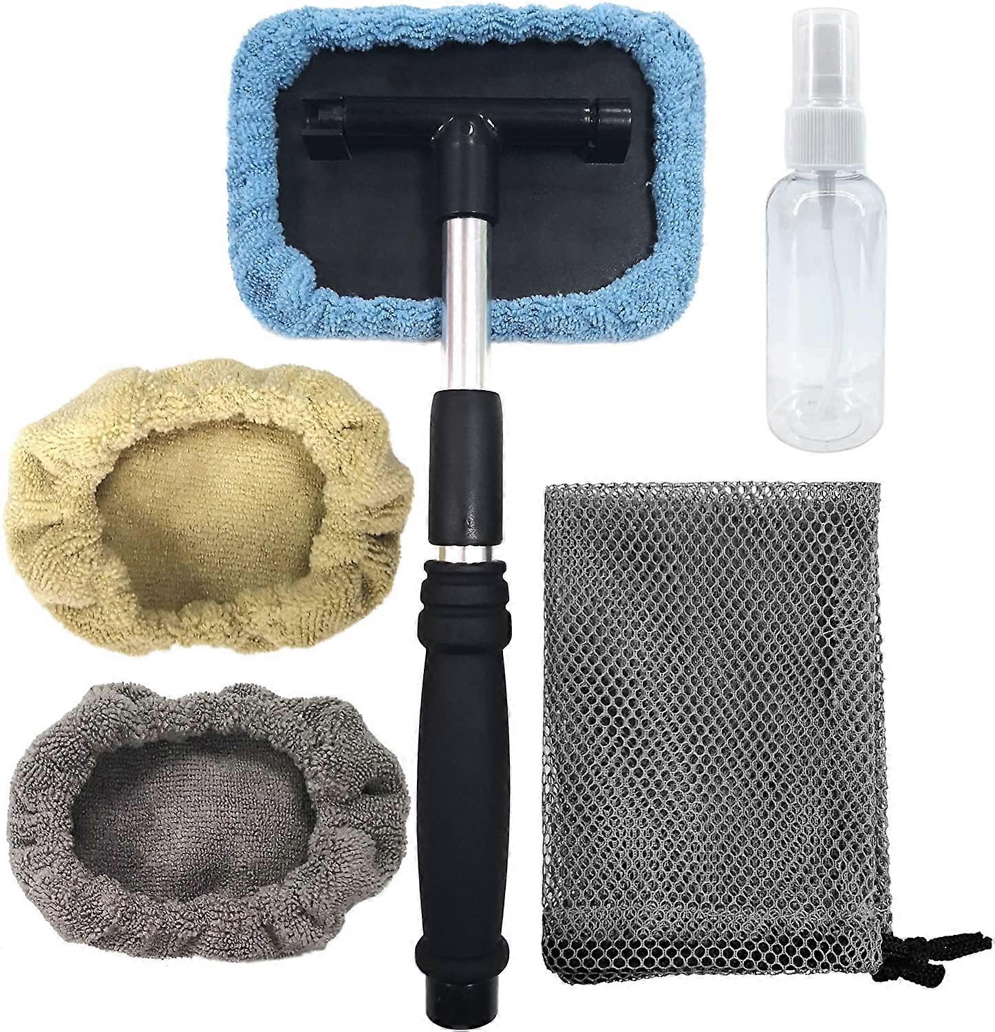 Polyte Pivoting Windshield Glass Cleaning Tool Extendable Aluminum Handle w/ 3 Premium Microfiber Covers