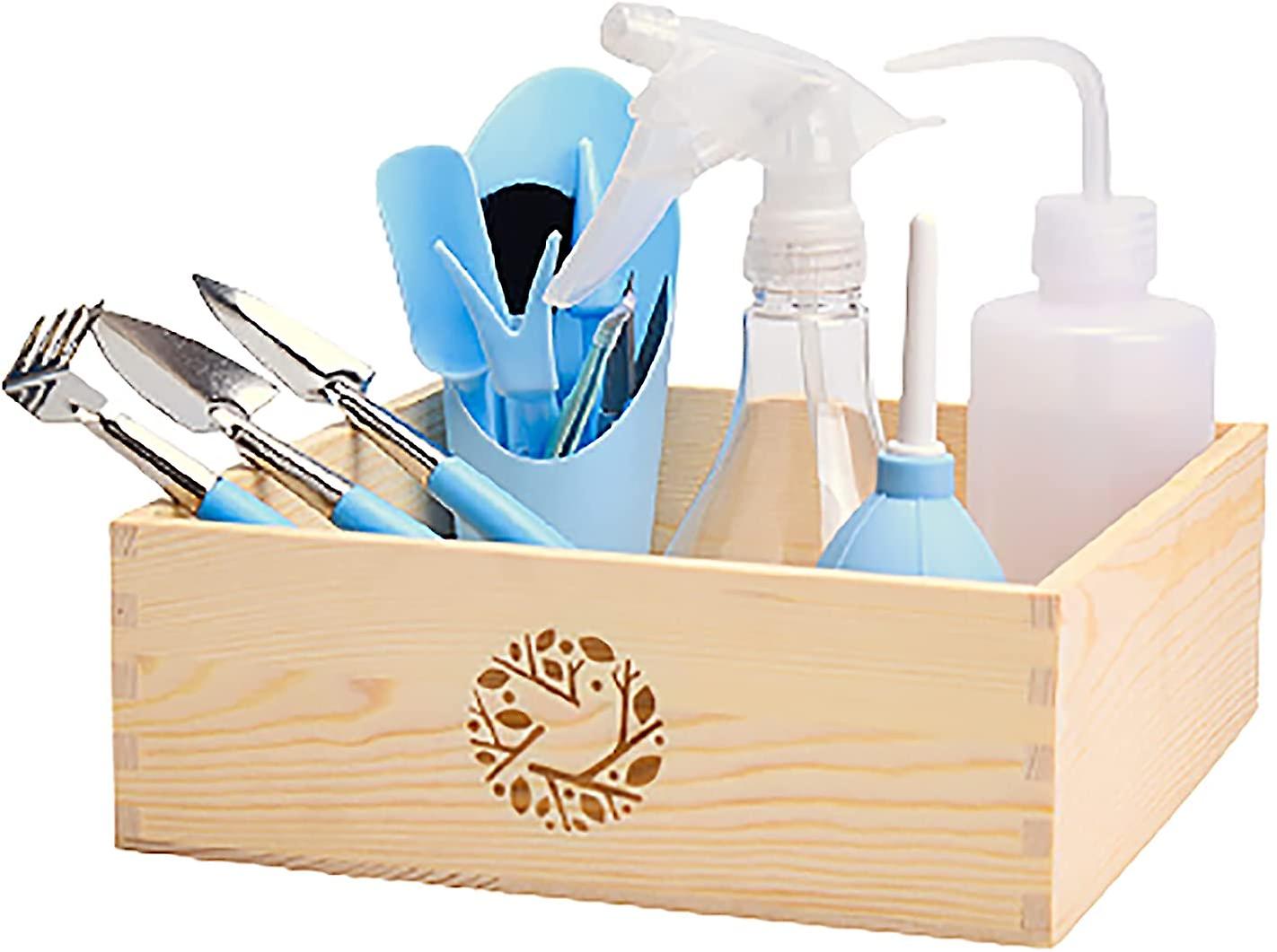 Set Of 14 Mini Plant Tools With Wooden Gardening Toolbox Succulents Blue