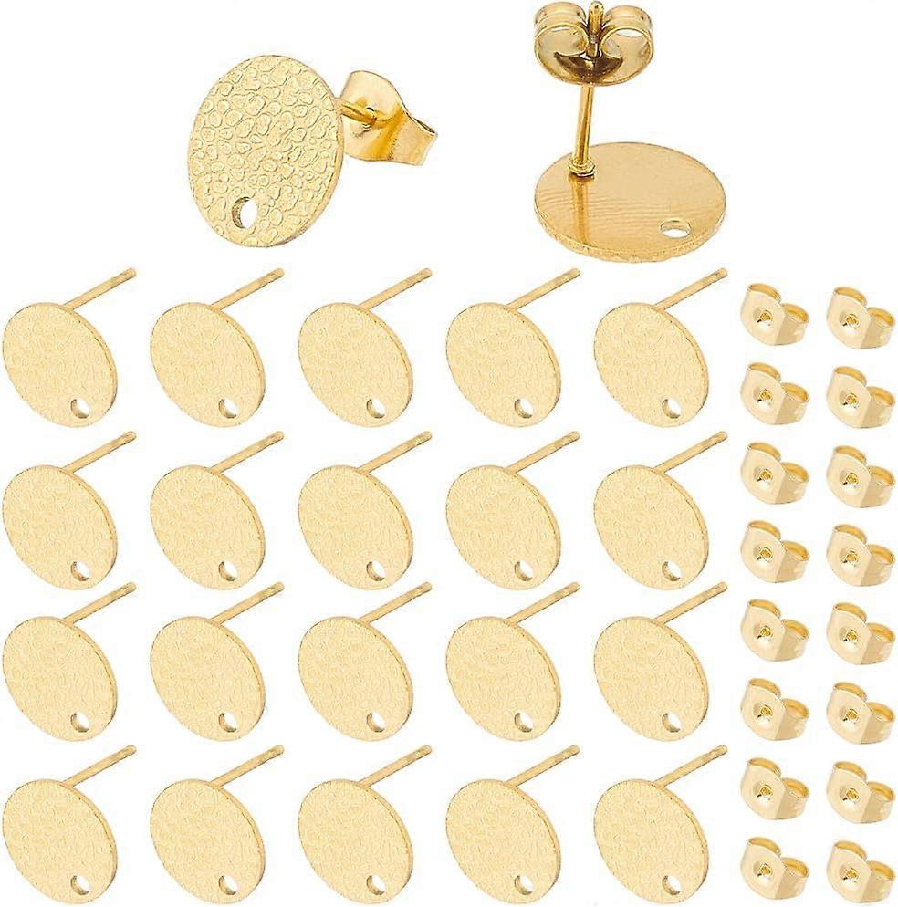 1 Box 60Pcs Flat Pad Earring Studs Stainless Steel Earring Posts with Loop Textured Round Blank Ear Stud with Nuts Gold Stud Earring Findings for Jewe