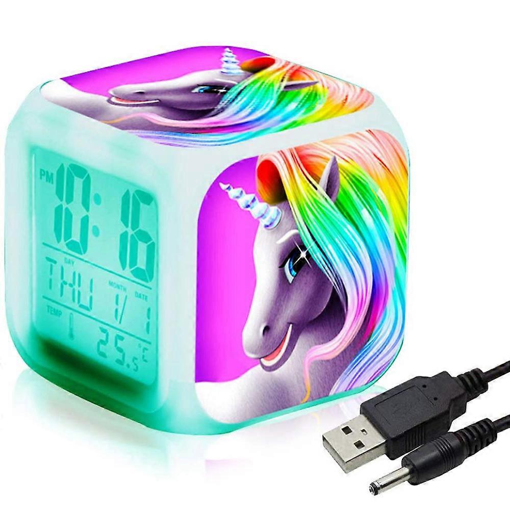 Unicorn Theme Desktop Mini Clock With Multi-Color Led Night Light, Temperature Display And Lcd Screen, Battery Operated For Travel