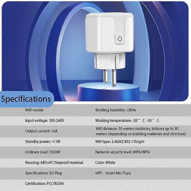 Tuya Wifi Socket Alexa Google 16a/20a Smart Socket Eu Wifi Plug With Power
