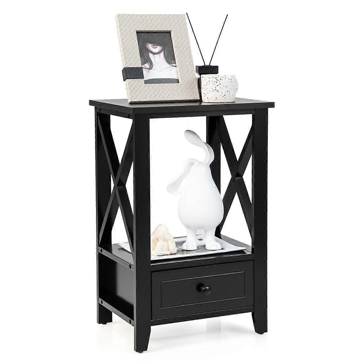 2-Tier Bedside Table with Drawer Side Table Wood 40 x 30 x 61.5 cm Black