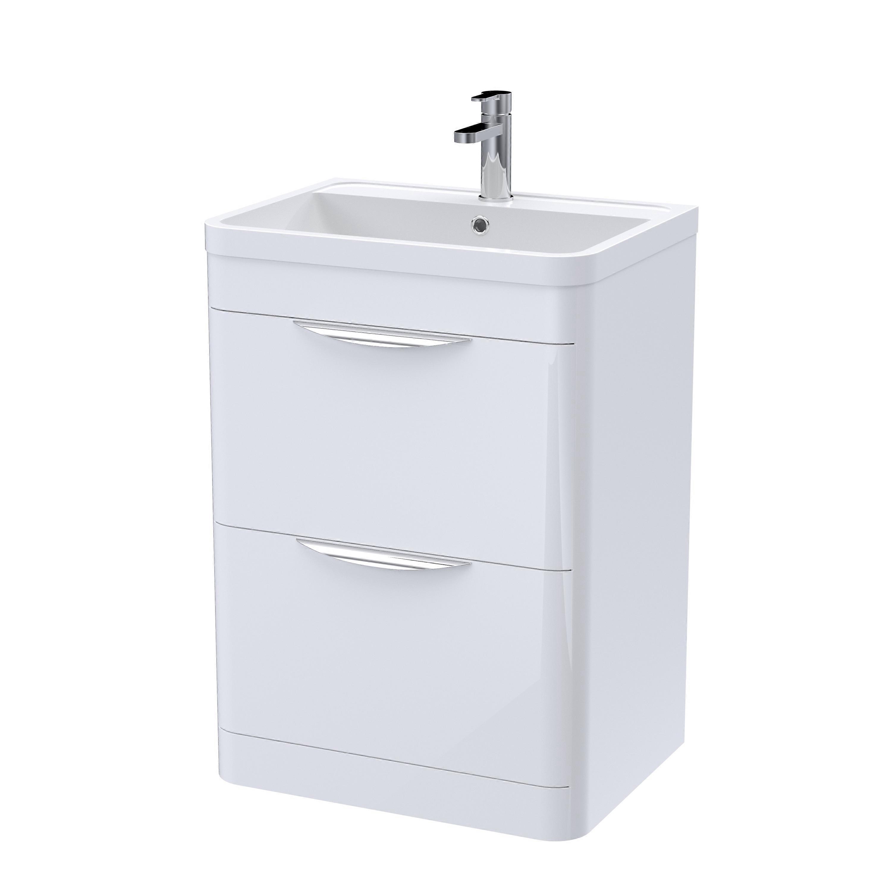 Balterley Wave Modern Bathroom Floor Standing 2 Drawer Vanity Unit Basin, Gloss White, 600mm
