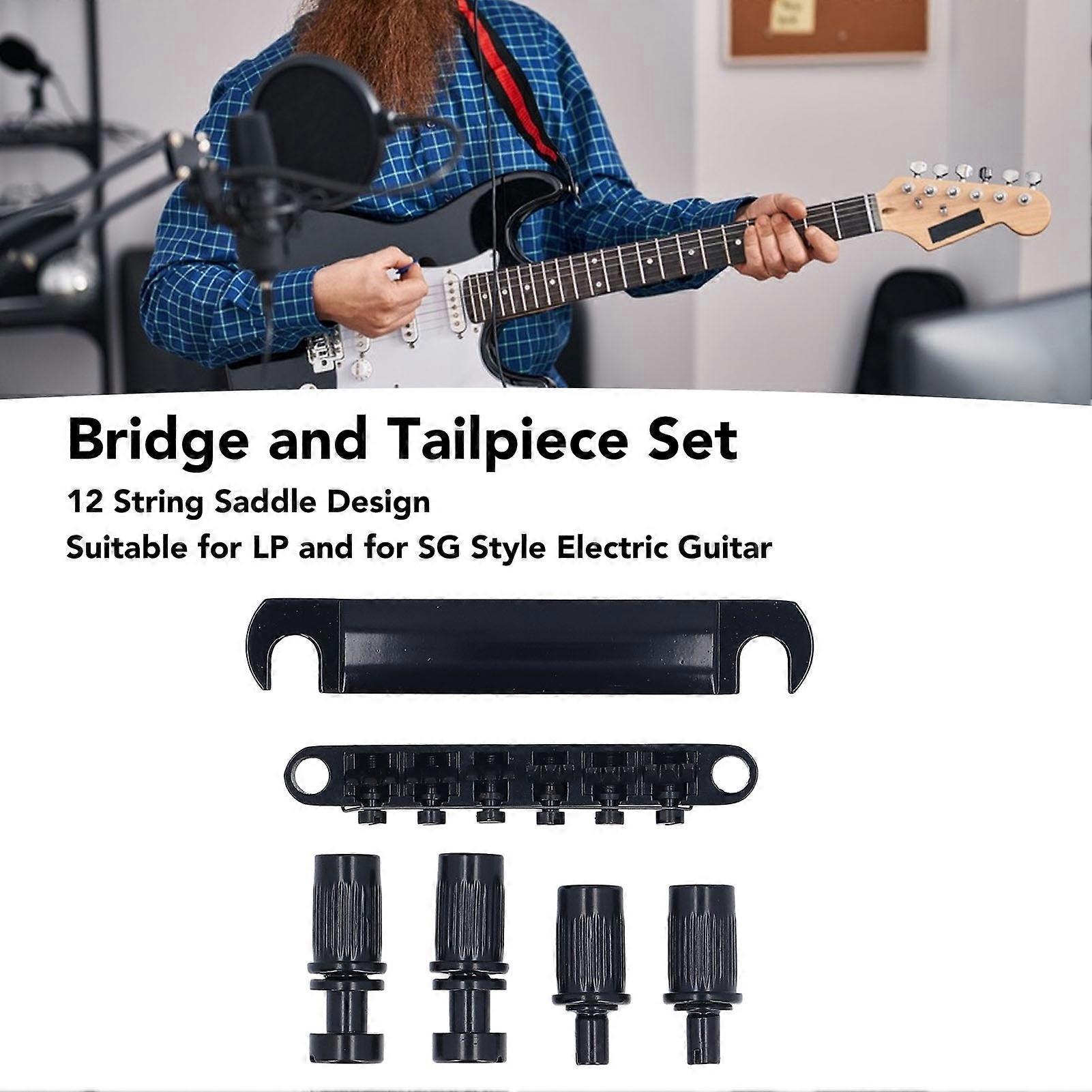 12 String Bridge and Tailpiece with Studs, Metal Replacement Tailpiece Set for LP Electric Guitars, Black