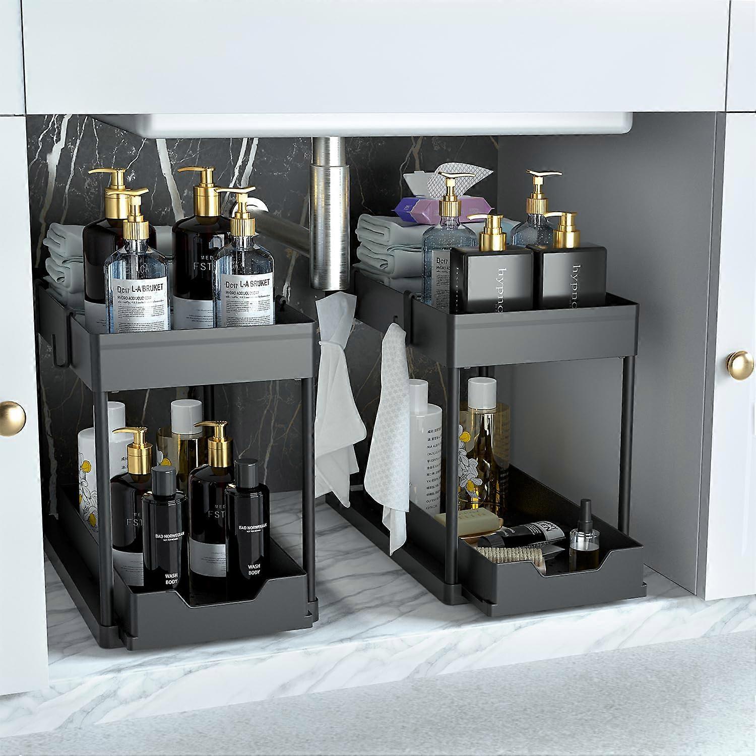Black Under Sink Organizer 2 Pack for Bathroom Cabinet with Collection Baskets, Durable Plastic Storage Solution