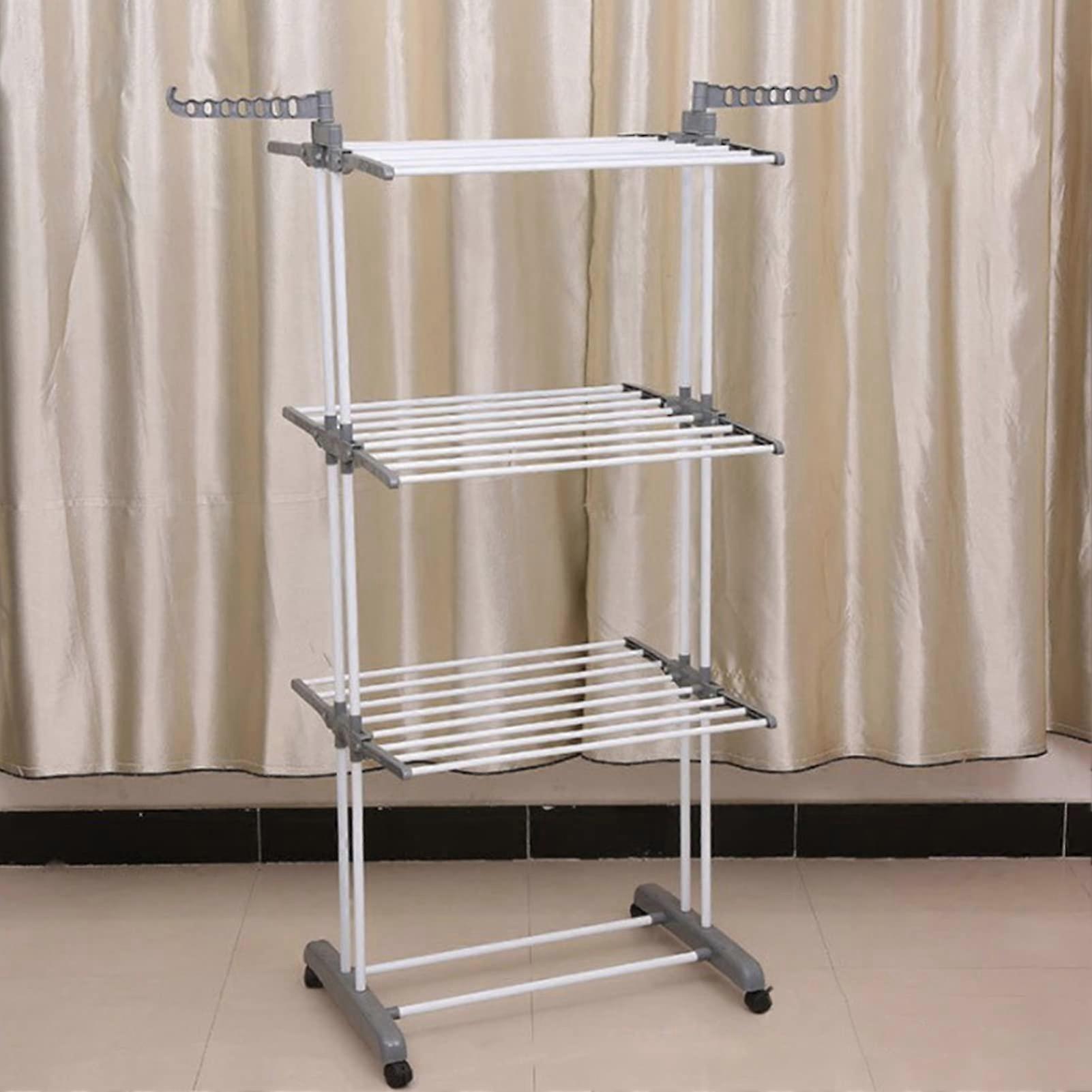 Clothes Drying Rack, Foldable 3-Tier Laundry Rack Stand with Wheels, Grey Collapsible Garment Hanger with 360° Hook