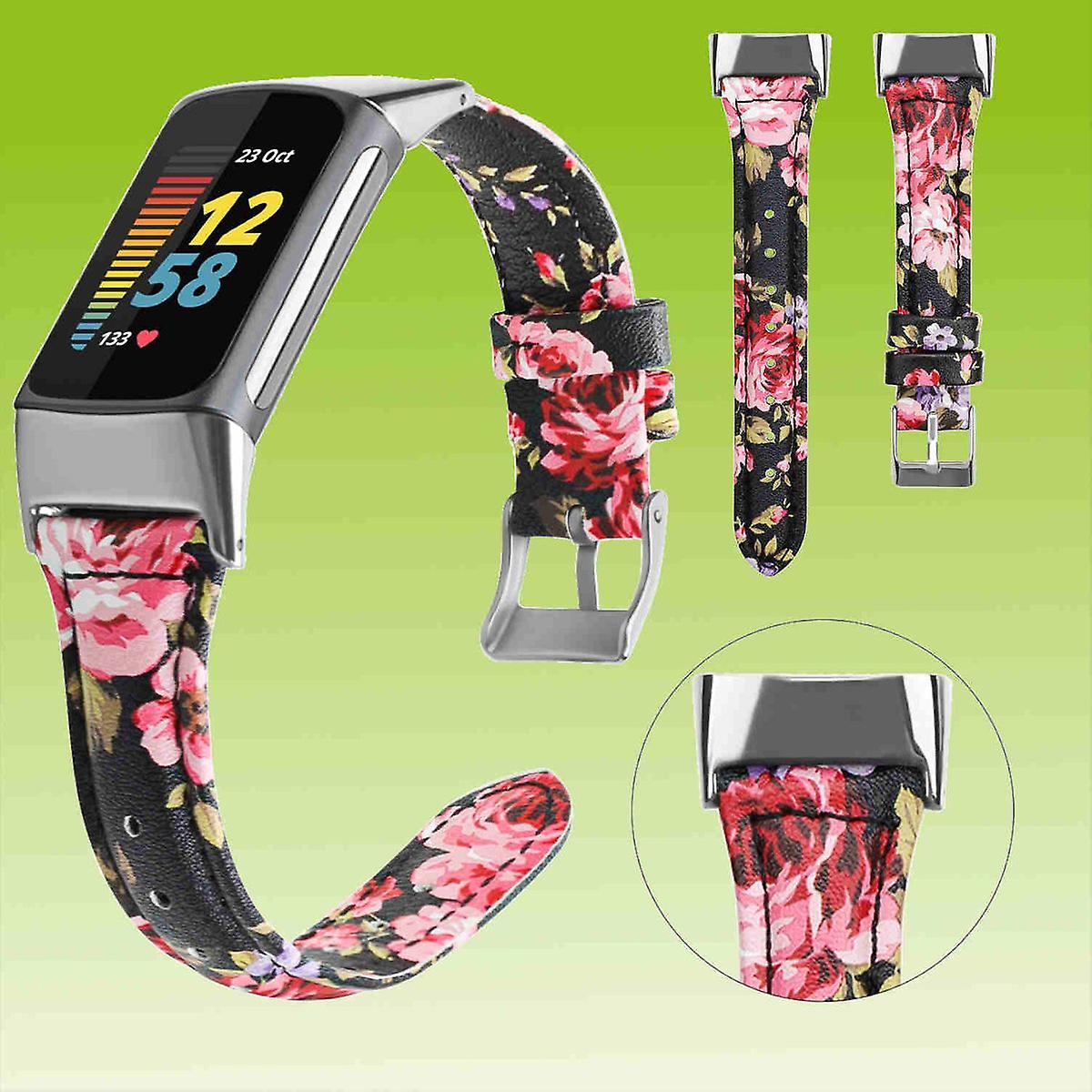 For Fitbit Charge 6 / 5 Leather Watch Strap Pattern 1 Women Size S