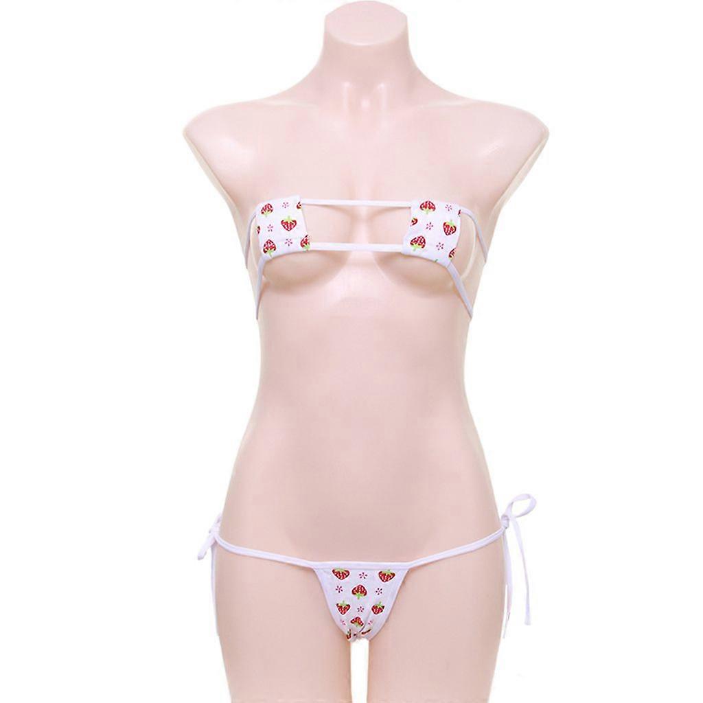 Naisten japanilaistyylinen mansikkaprintti bikinit alusvaatteet eroottinen ontto neliökuppi riimu mikrorintaliivit sivusolmio g-string cosplay alusvaatteet