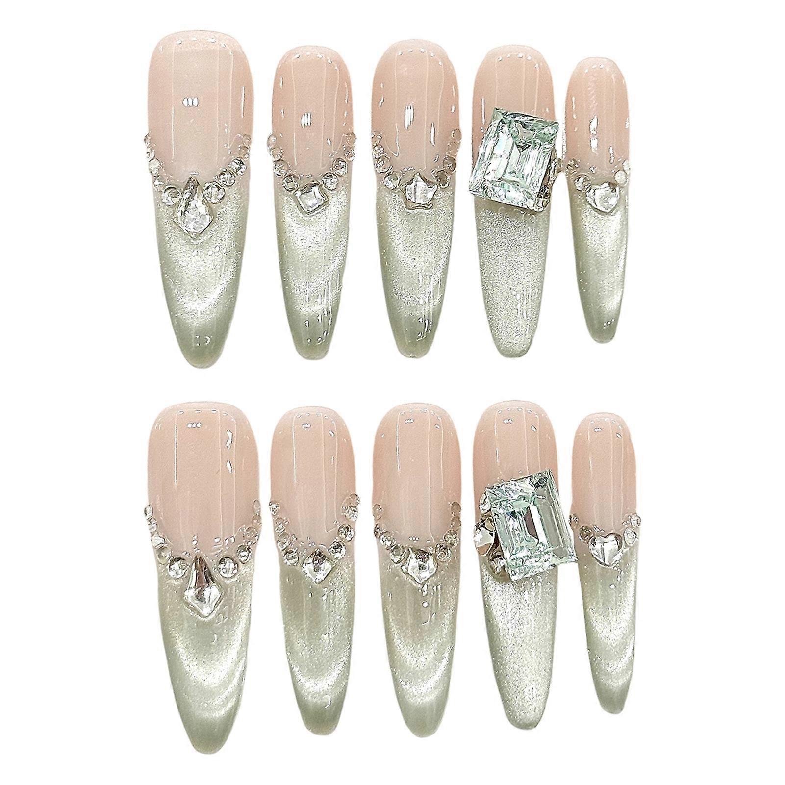 Press on Nails with Light Green Cat Eyes Tip Reusable Long Lasting Press on