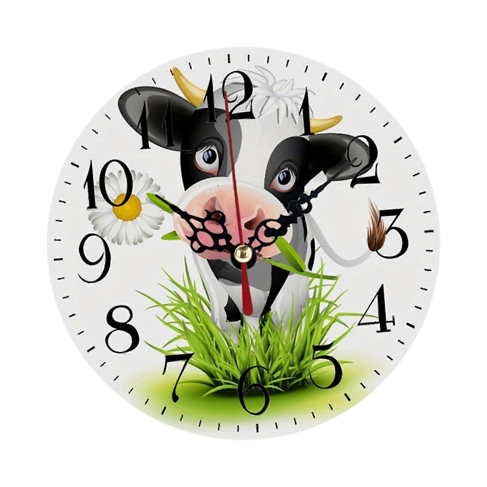 Wooden Round Wall Clock with Cow Pattern Decorative Accurate Movement Silent Non