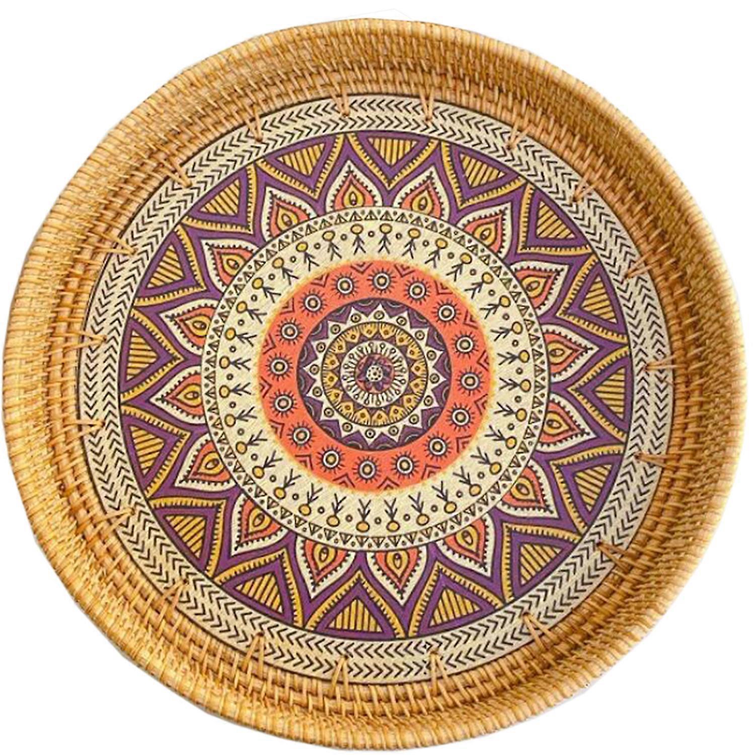 Rattan-Serviertablett, runder geflochtener Weidenkorb zum Servieren von Abendessen, Partys, Frühstück, Kaffee, Tee, Getränken, Snack-Schokolade-30*4cm