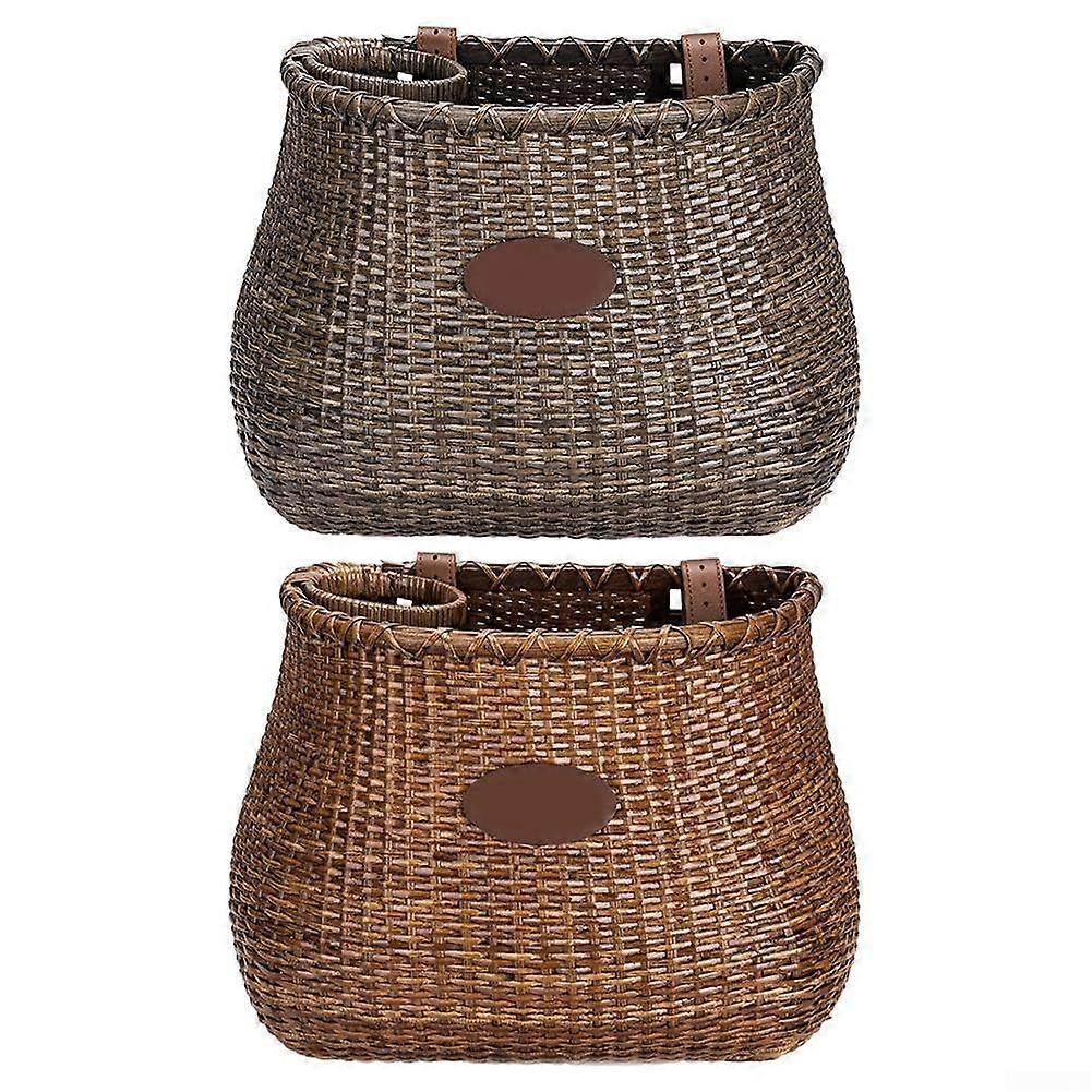 Front Bicycle Basket, Rattan Bicycle Basket, Bicycle Basket with Leather Buckle and Cup Holder Design, Not Easy to Fall Off Dark brown