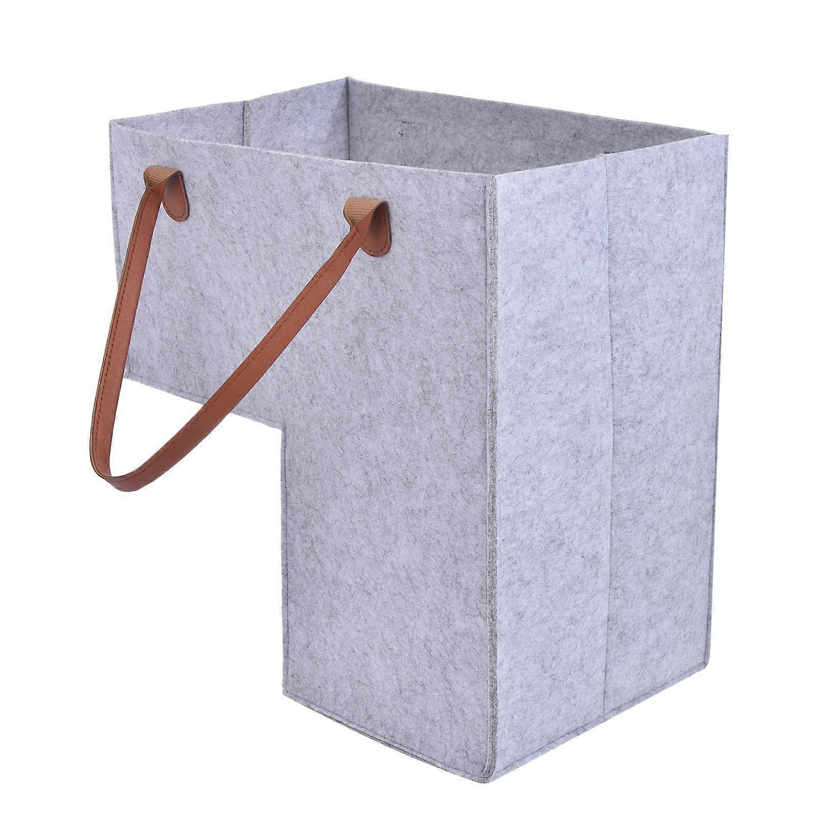 Foldable LShape Felt Stair Basket with Faux Leather Handles Grey