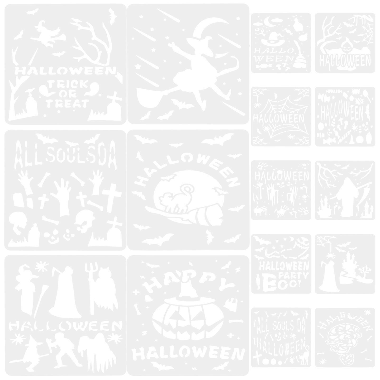 16pcs Halloween Painting Stencils Hollow DIY Drawing Templates Reusable for Wall Canvas Wood Paper Crafts and Decorations