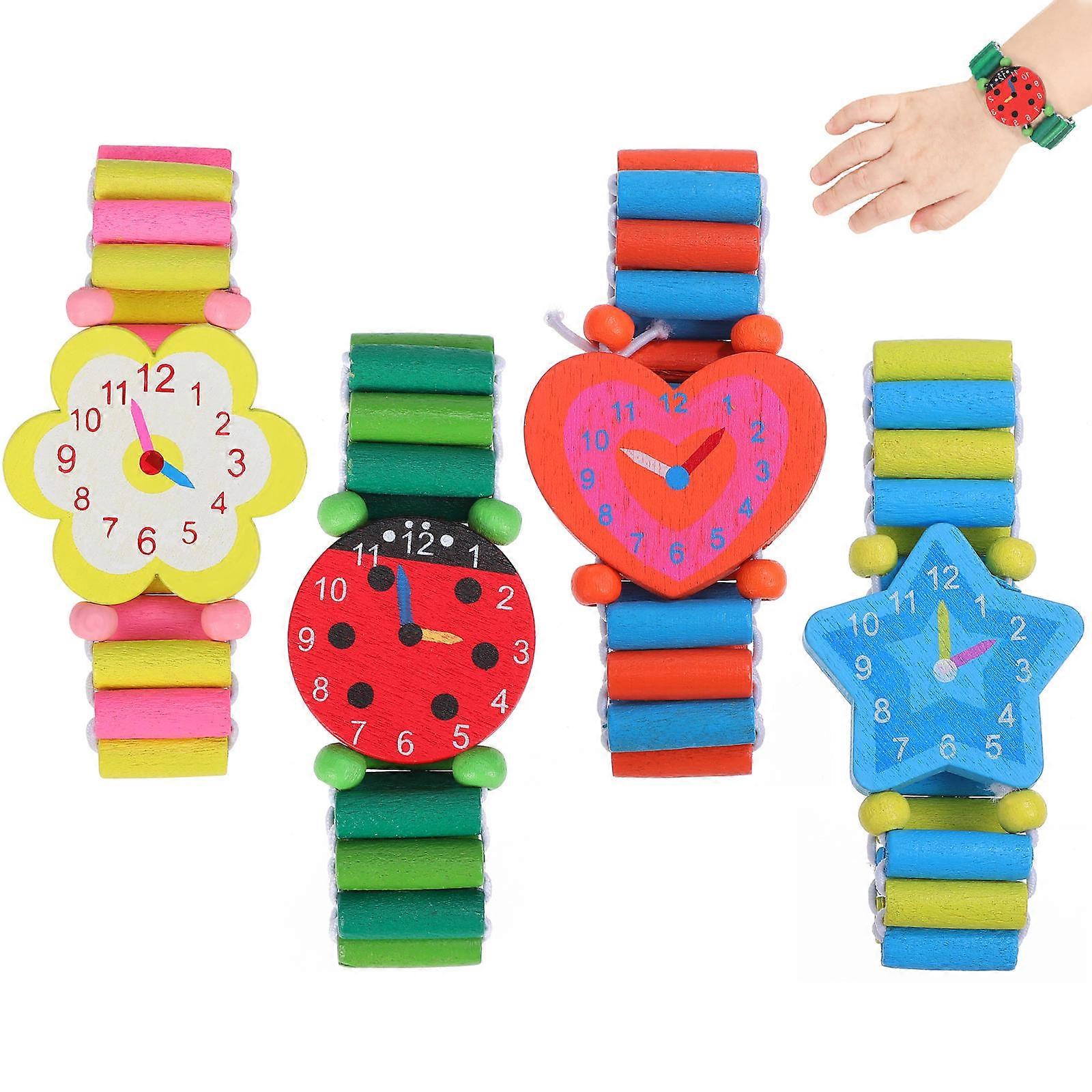 Kids Wooden Watch Toy Round Cartoon Design Educational Time Telling