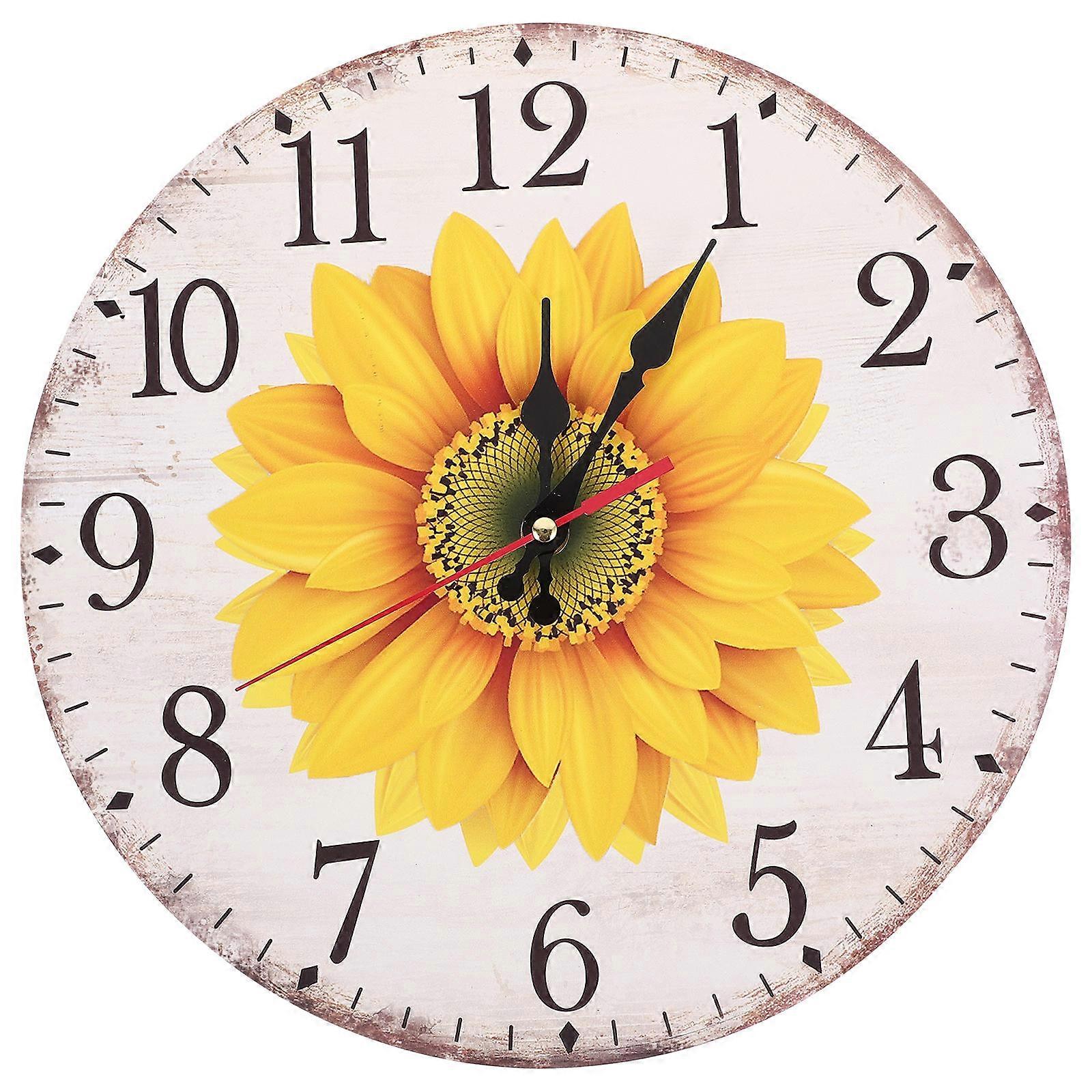 Rustic Wall Clock Wooden Creative Sunflower Style Home Decor 30cm Square Shape Silent Time Display 1Set