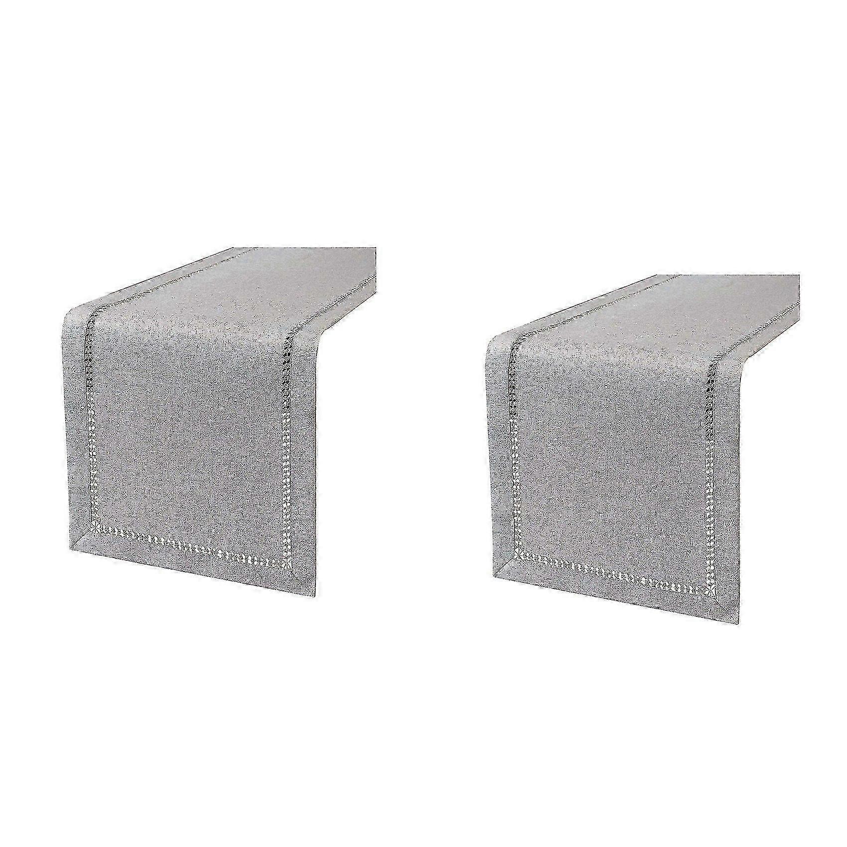 2X Silver Thread Hemstitched Table Runner, Light Gray, 12" Wide