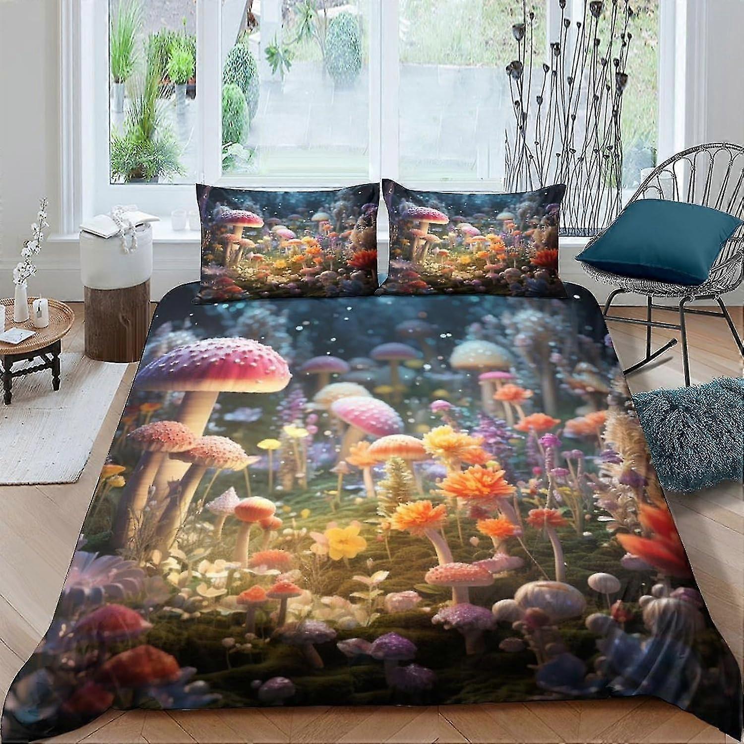 Fantasy Mushrooms Duvet Cover Microfiber Bedding Set, 3D Print Fairy Forest Quilt Cover with Zipper Closure, Soft for Comfort