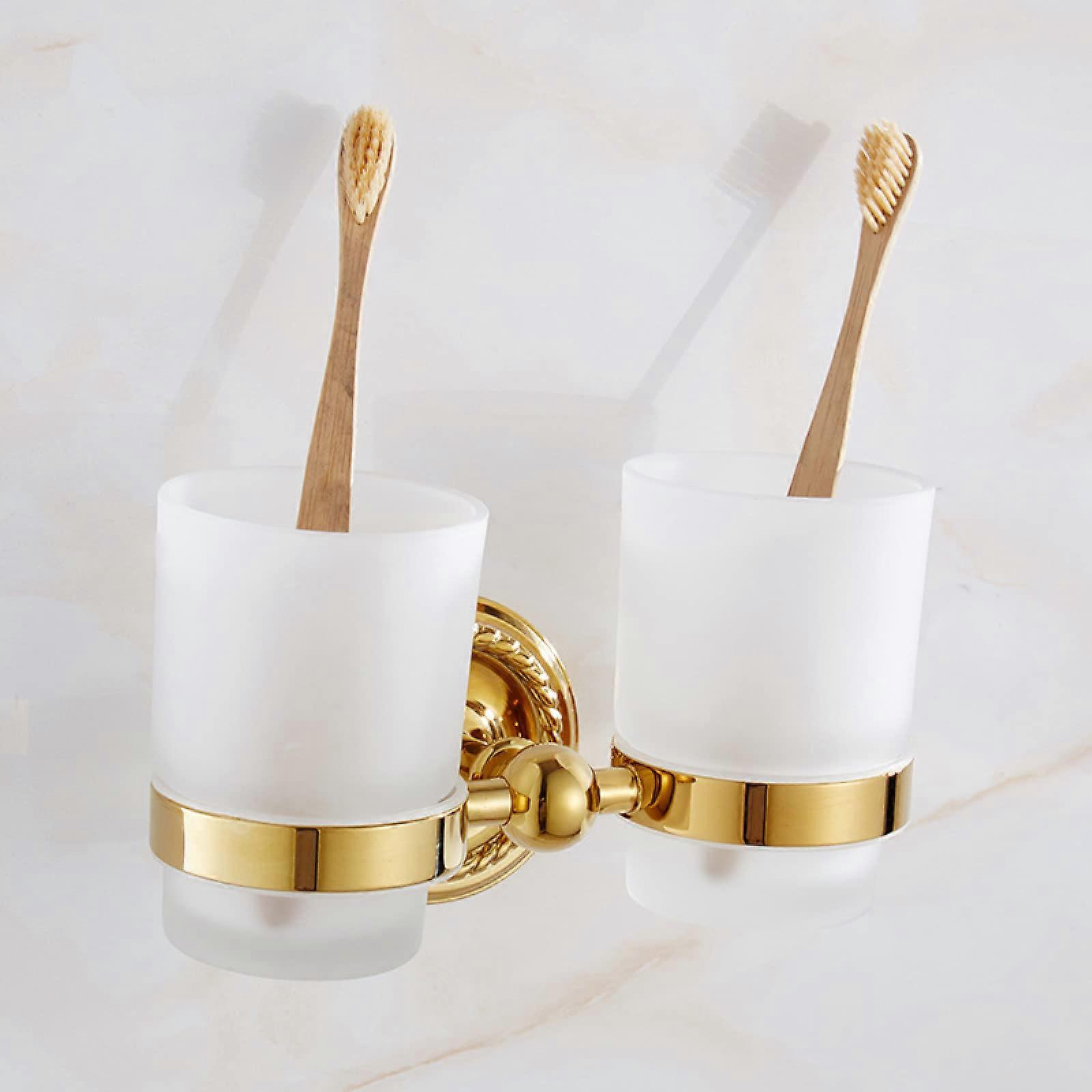 European Style Golden Towel Rail Bath Towel Holder Full Copper Bathroom Toilet Shelf Bathroom Hardware Pendant Set, Double Cups