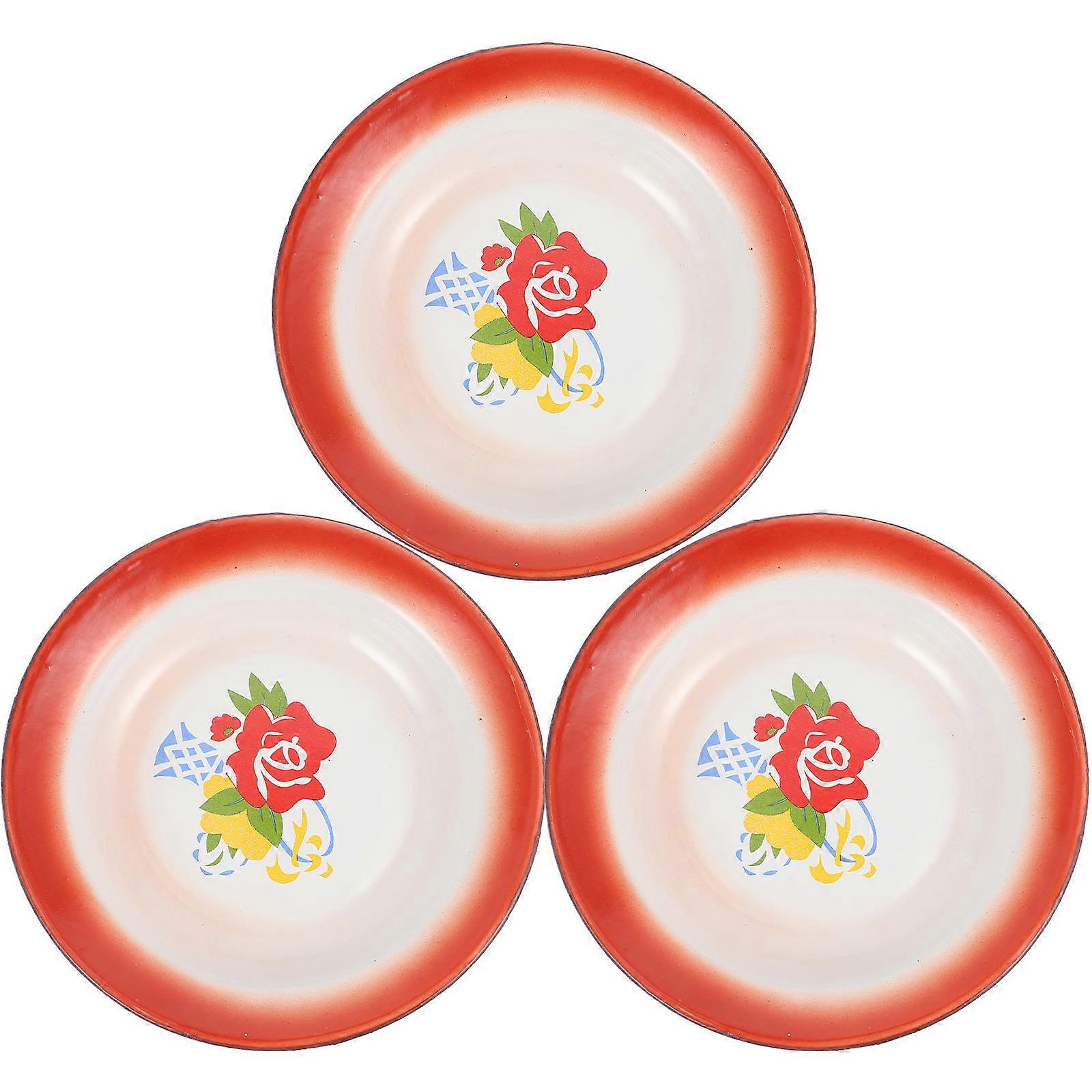 3pcs Retro Iron Enamel Snack Plates, Chinese Style Serving Trays for Food, Bright Color, Unique Design for Home Decor and Entertaining