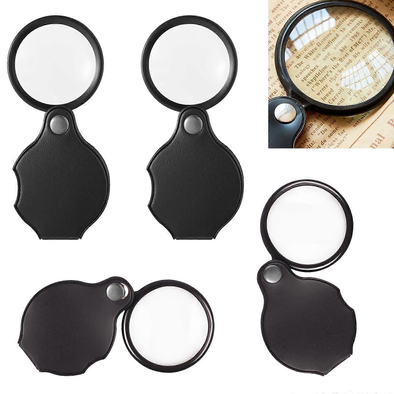 Pack of 4 Pocket Magnifiers 10x Foldable Magnifying Glasses with Leather Case Portable Mini Keyring for Books and Jewelry