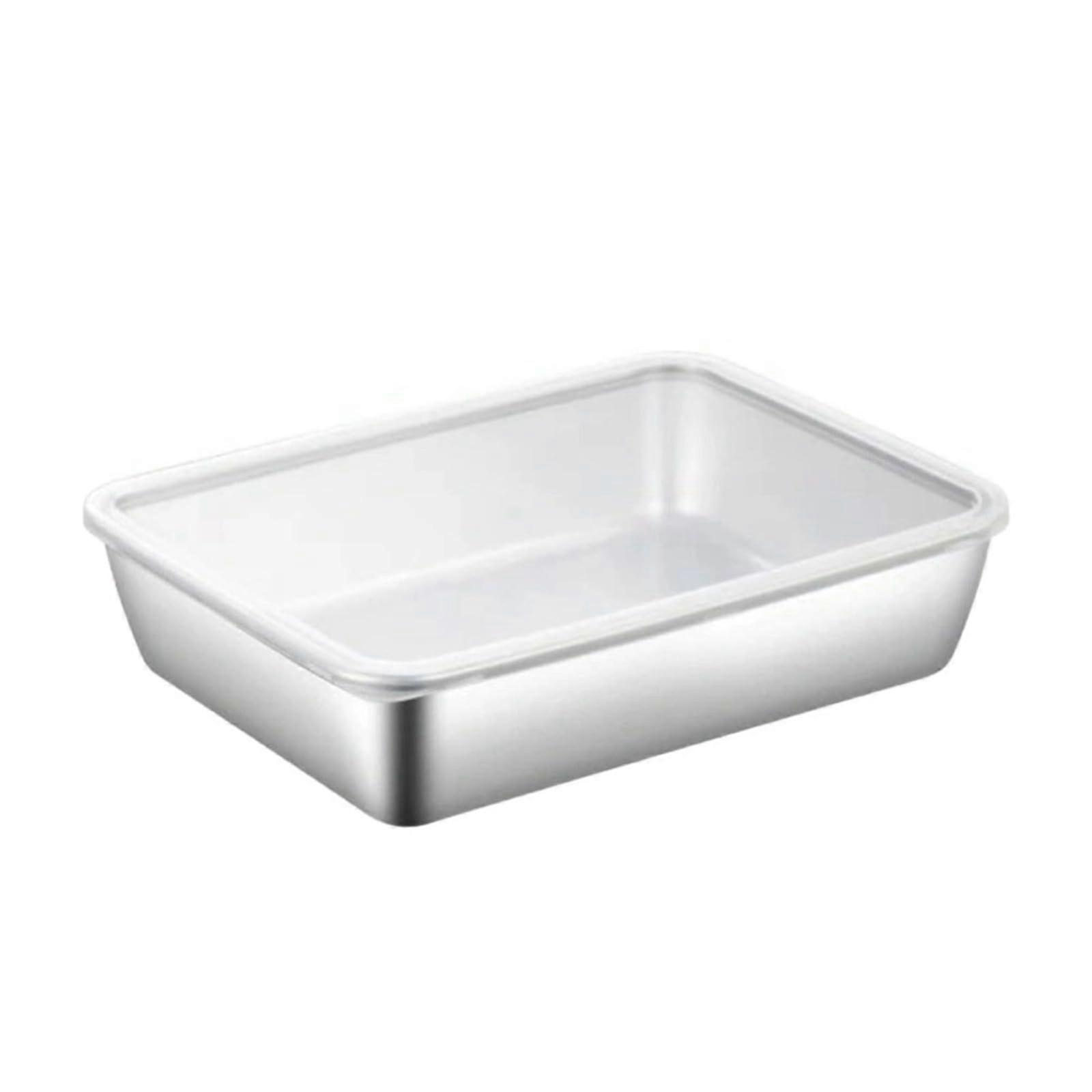 Stainless steel food containers with plastic lids, rustproof, ovensafe, ideal for storing and freezing food, durable and versatile kitchen utensils.