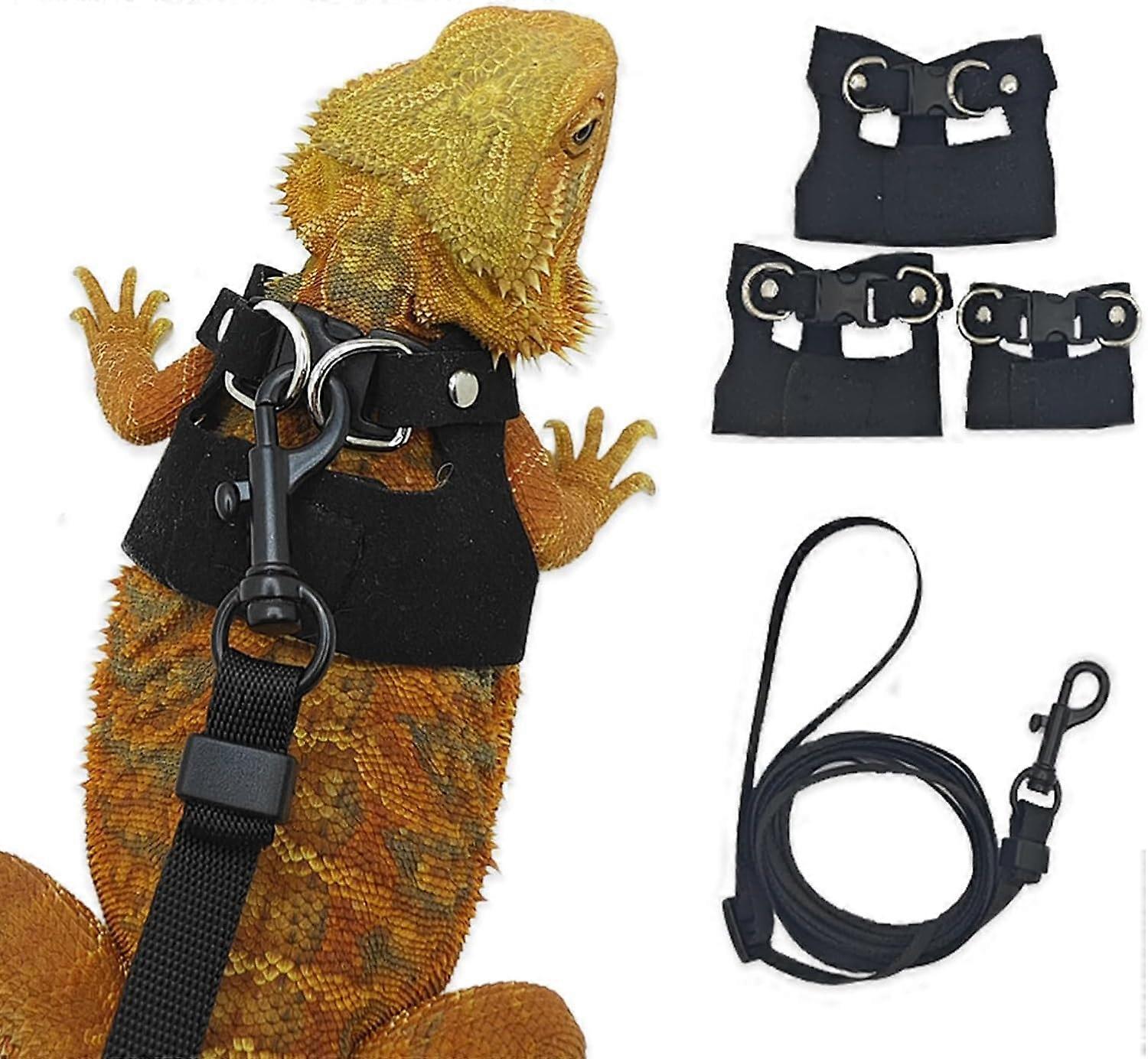 Bearded Dragon Harness and Leash Set – Outdoor Harness for Squirrels Hamsters Gerbils Reptiles, 3 Pcs Adjustable Reptile Vests with One Leash (Black)