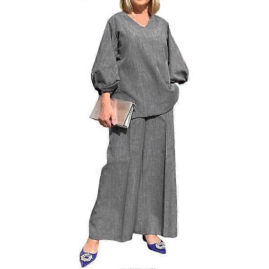 1 Set Women Suit V-Neck Top And Wide-Leg Pants Breathable Fabric Loose Two-piece Set for Spring Autumn