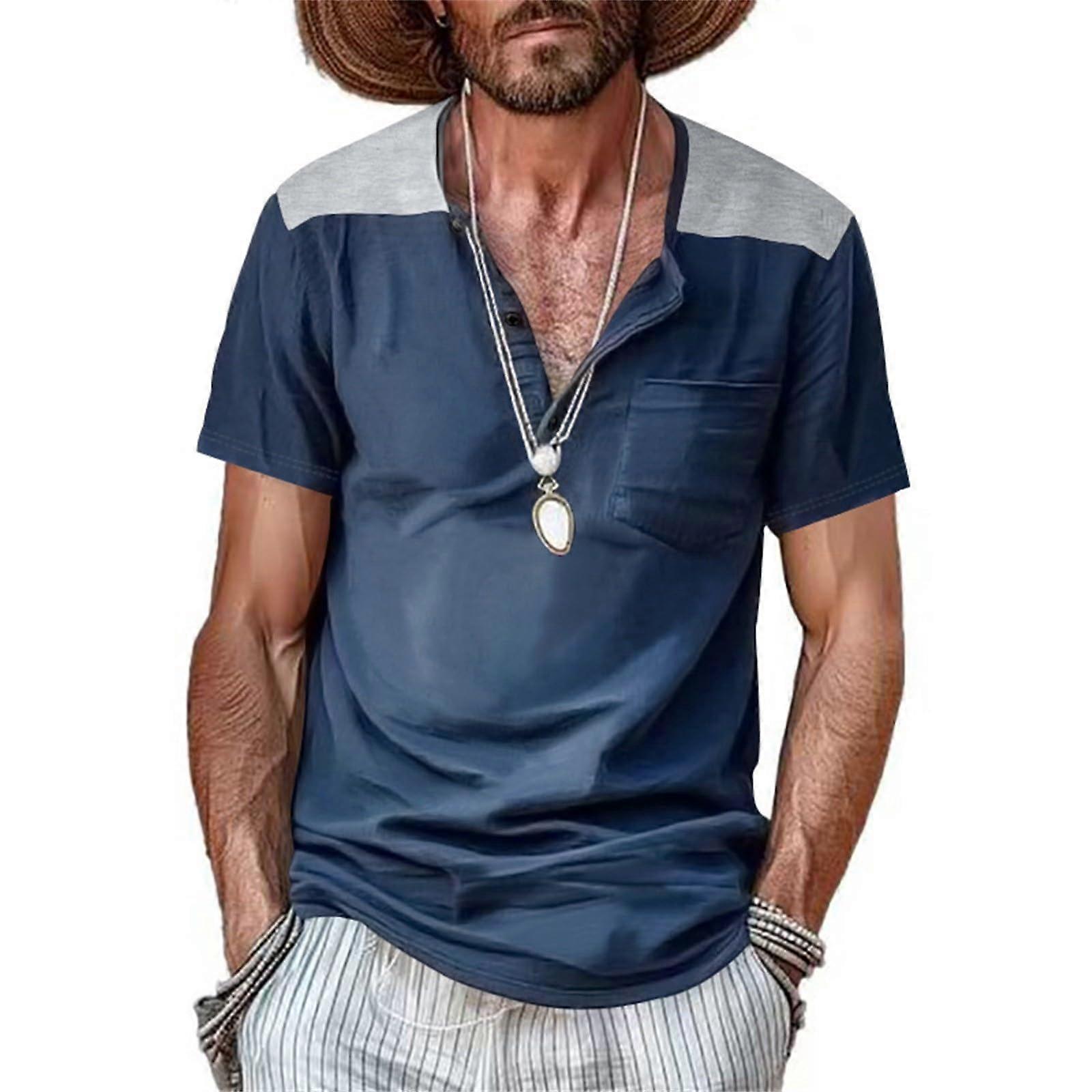 T-Shirts For Men Muscle Slim Fit Short Sleeve Button Placket Navy Size S Casual Basic Tee