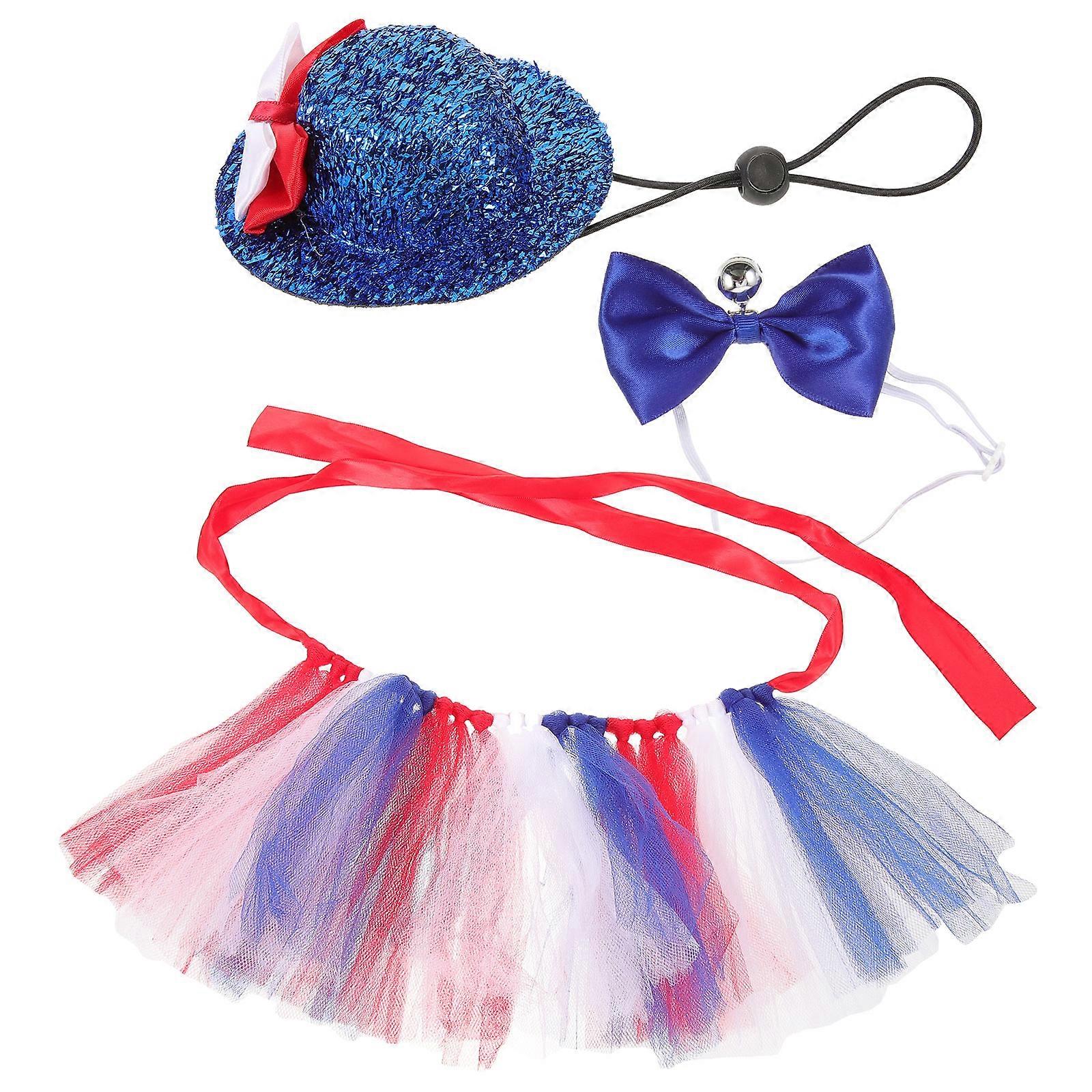Pet Costume Set For Independence Day With Multi-colored Skirt Hat And Bow Tie 1 Set