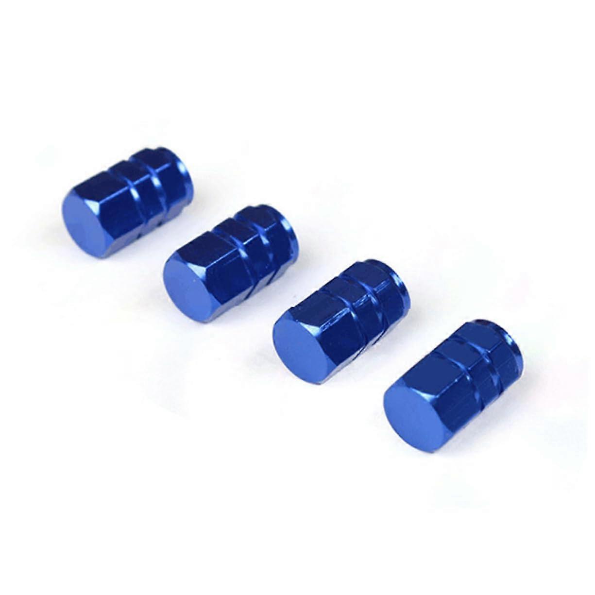 Set of 4 aluminum valve caps for tires, rustproof and dustproof, suitable for cars and bicycles, blue, install with nonslip surface.